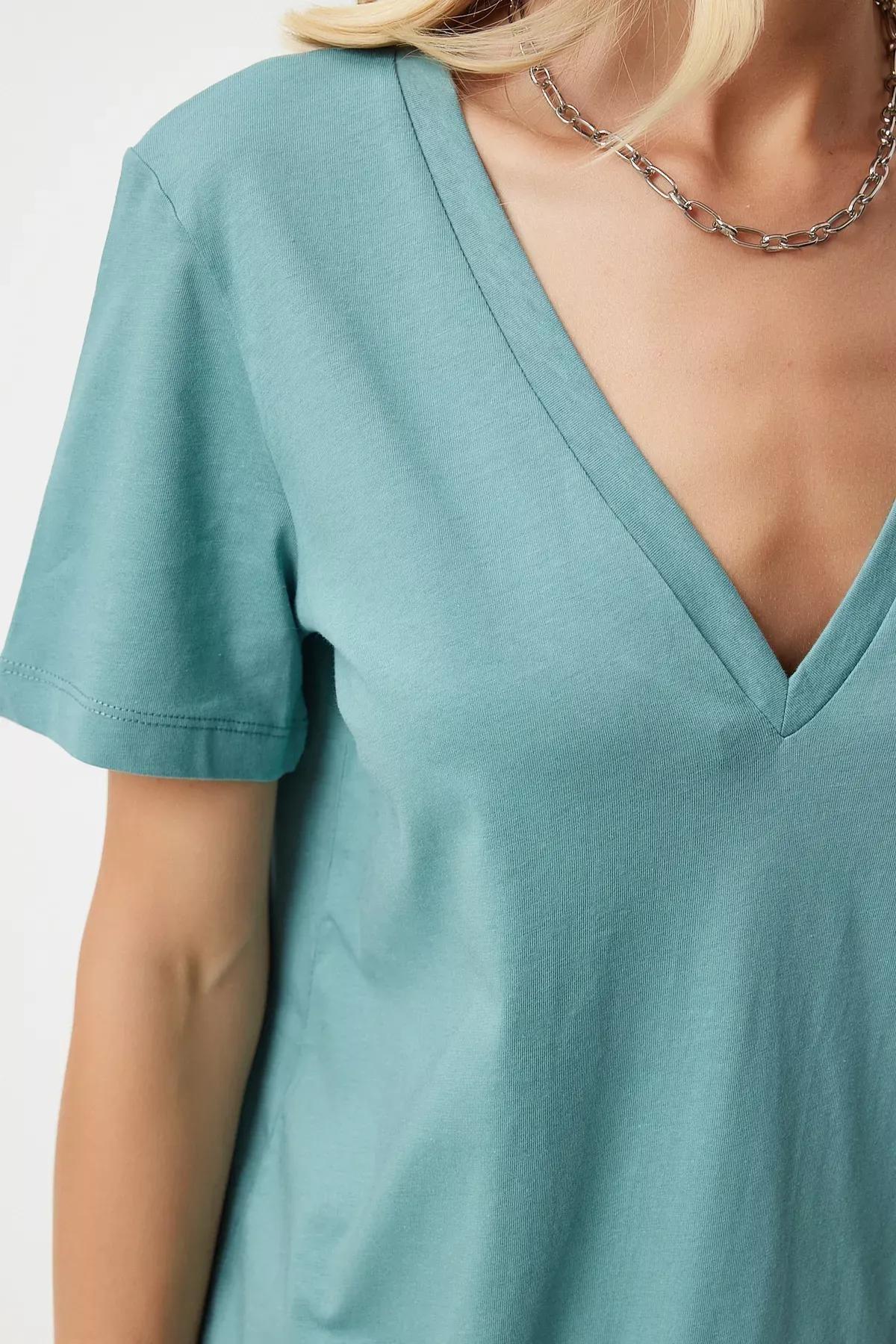 Womens Green V-Neck Basic Knitted T-Shirt HY00016, single, C101_5202, large image number 2