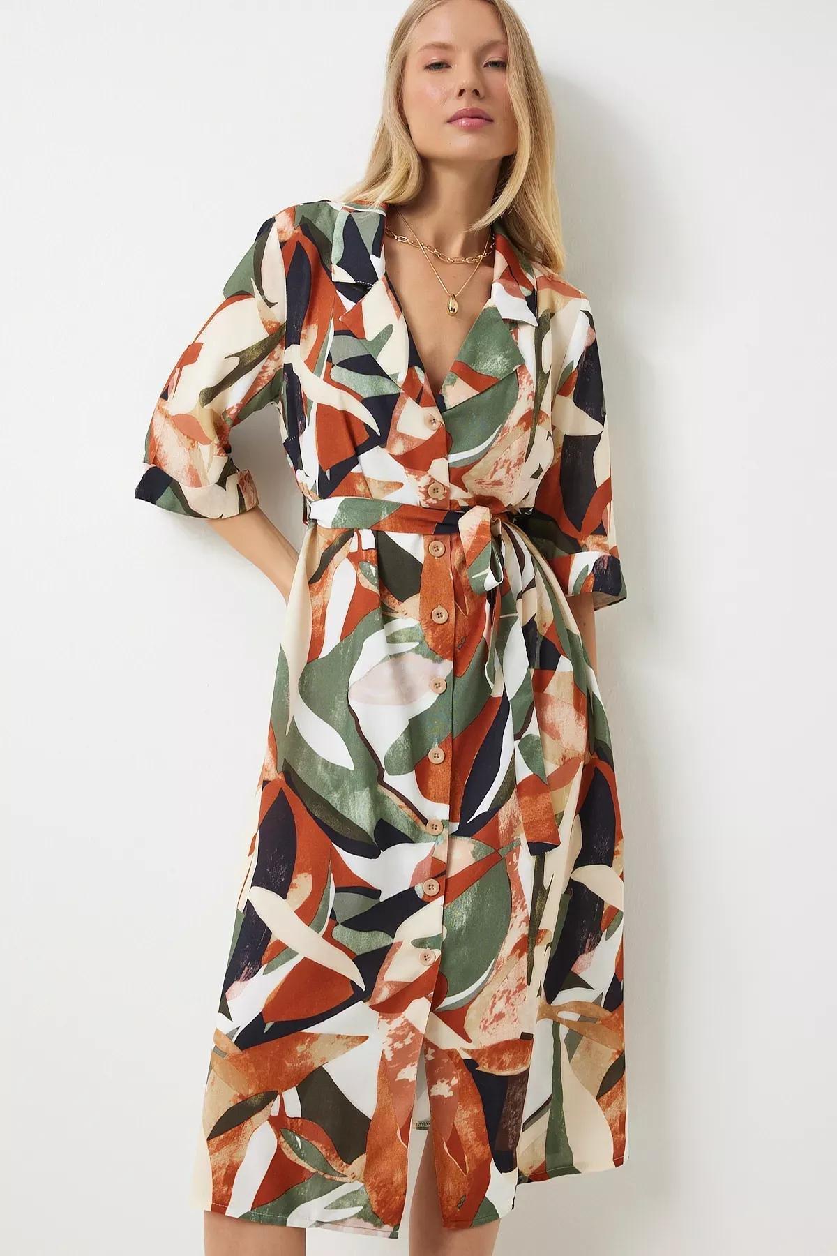 Khaki Patterned Shirt Dress, C101_6192, large image number 1