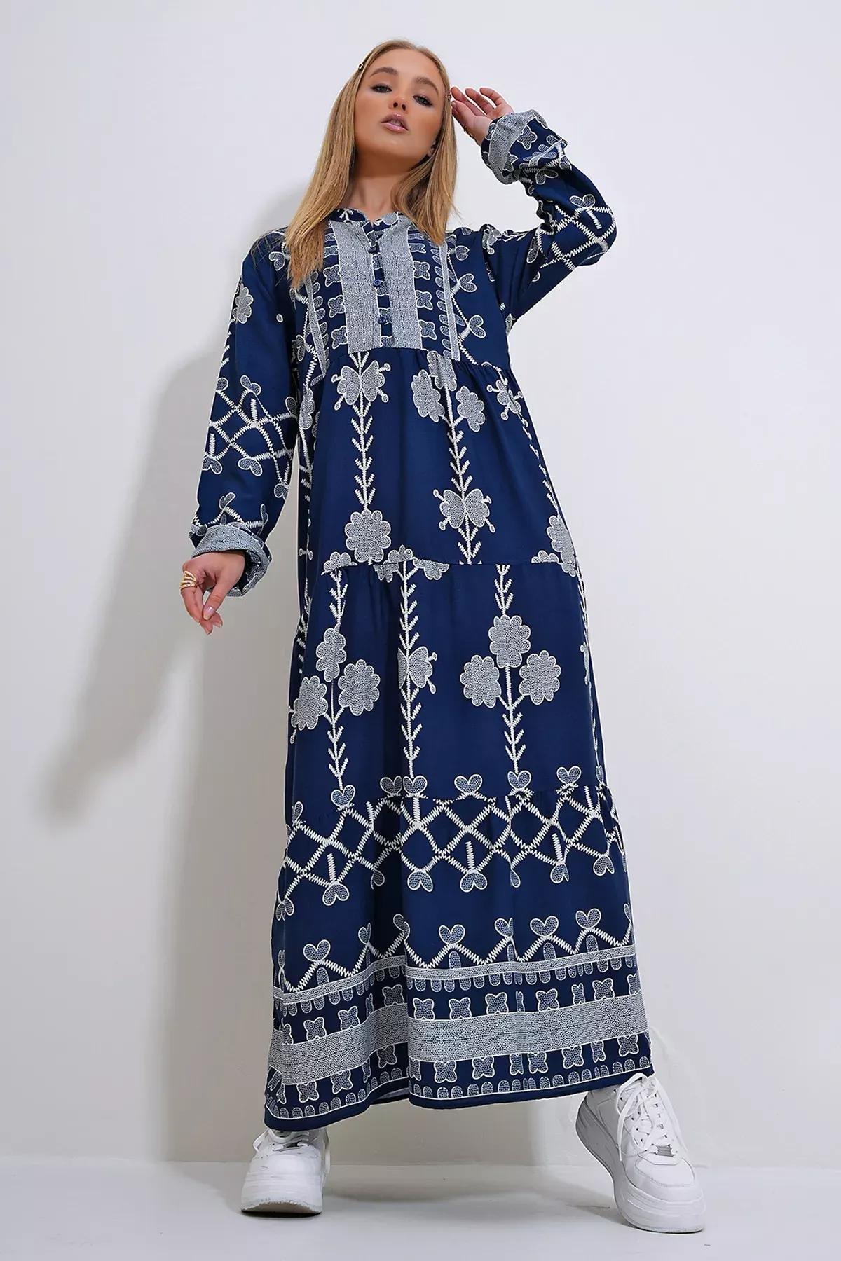 Navy Ethnic Print Maxi Dress, , large image number 0