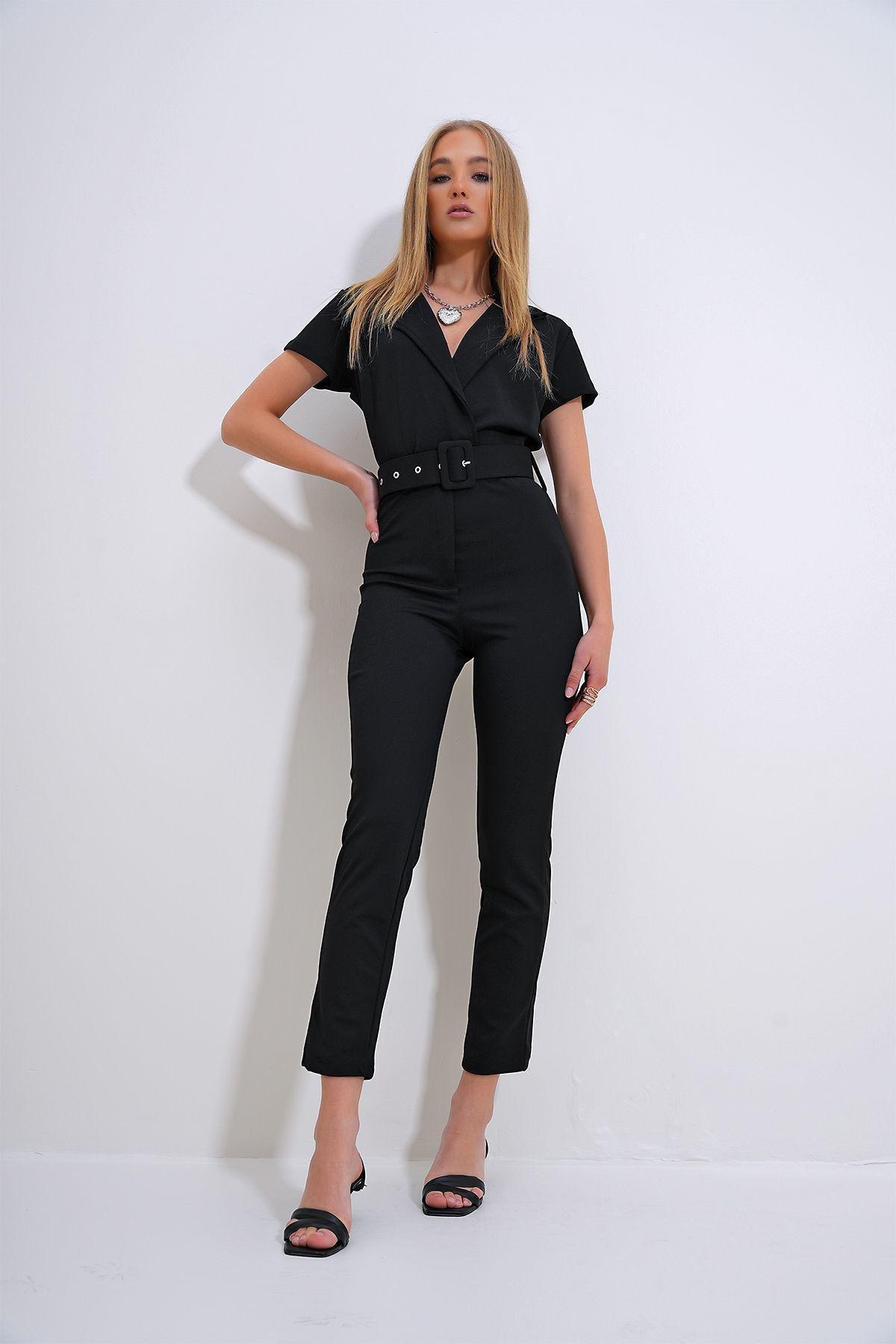 Womens Black Double Breasted Collar Coated Belted Jumpsuit ALC-X12298, single, , large image number 1