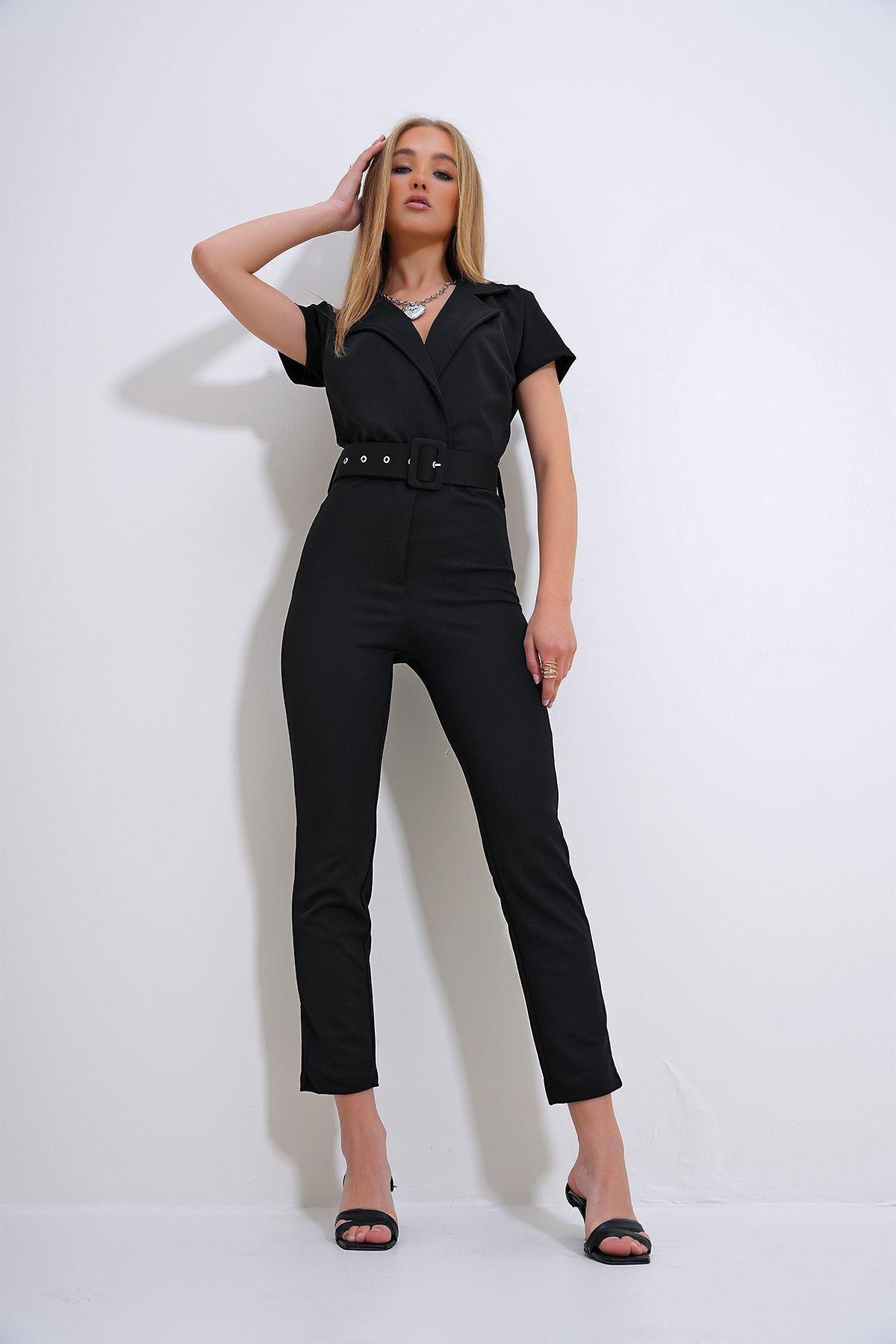 Womens Black Double Breasted Collar Coated Belted Jumpsuit ALC-X12298, single, , large image number 3