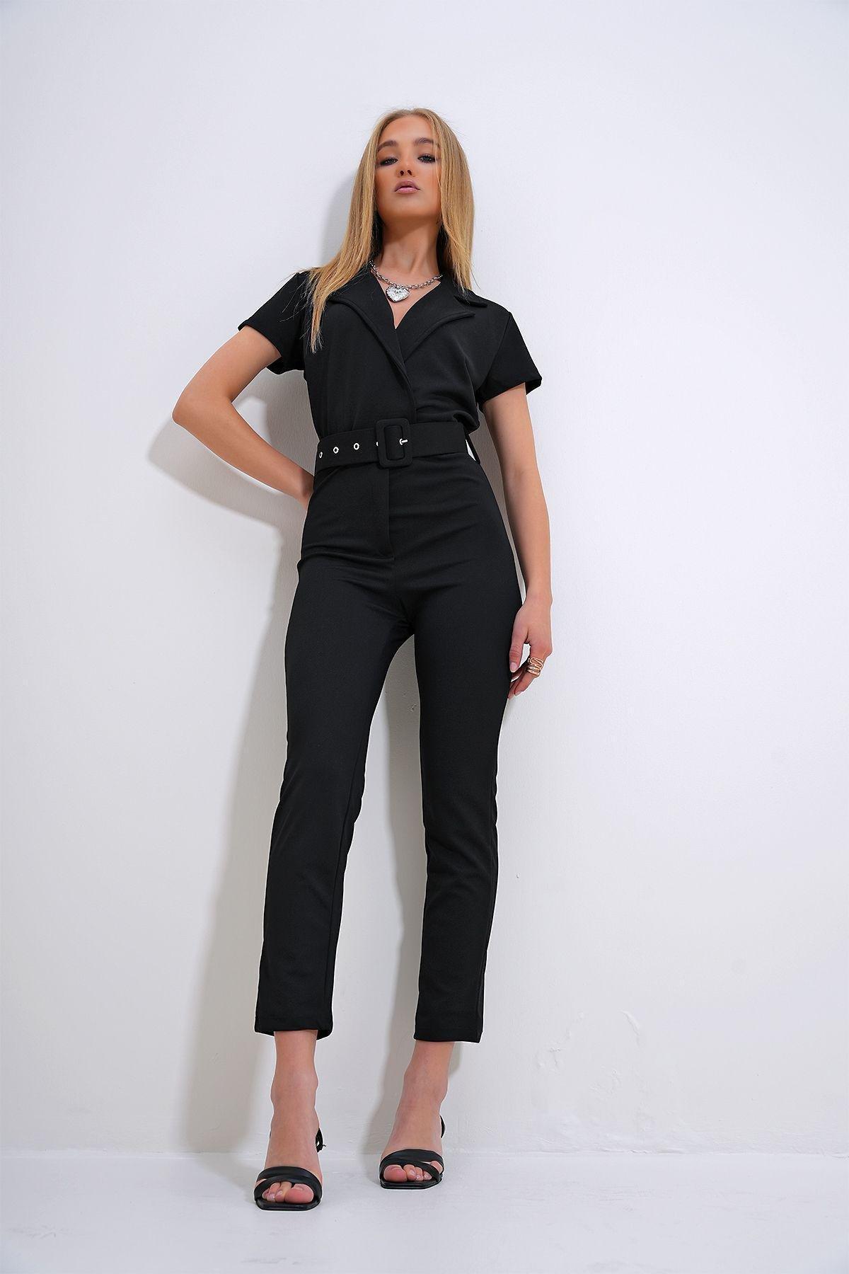 Womens Black Double Breasted Collar Coated Belted Jumpsuit ALC-X12298, single, , large image number 4
