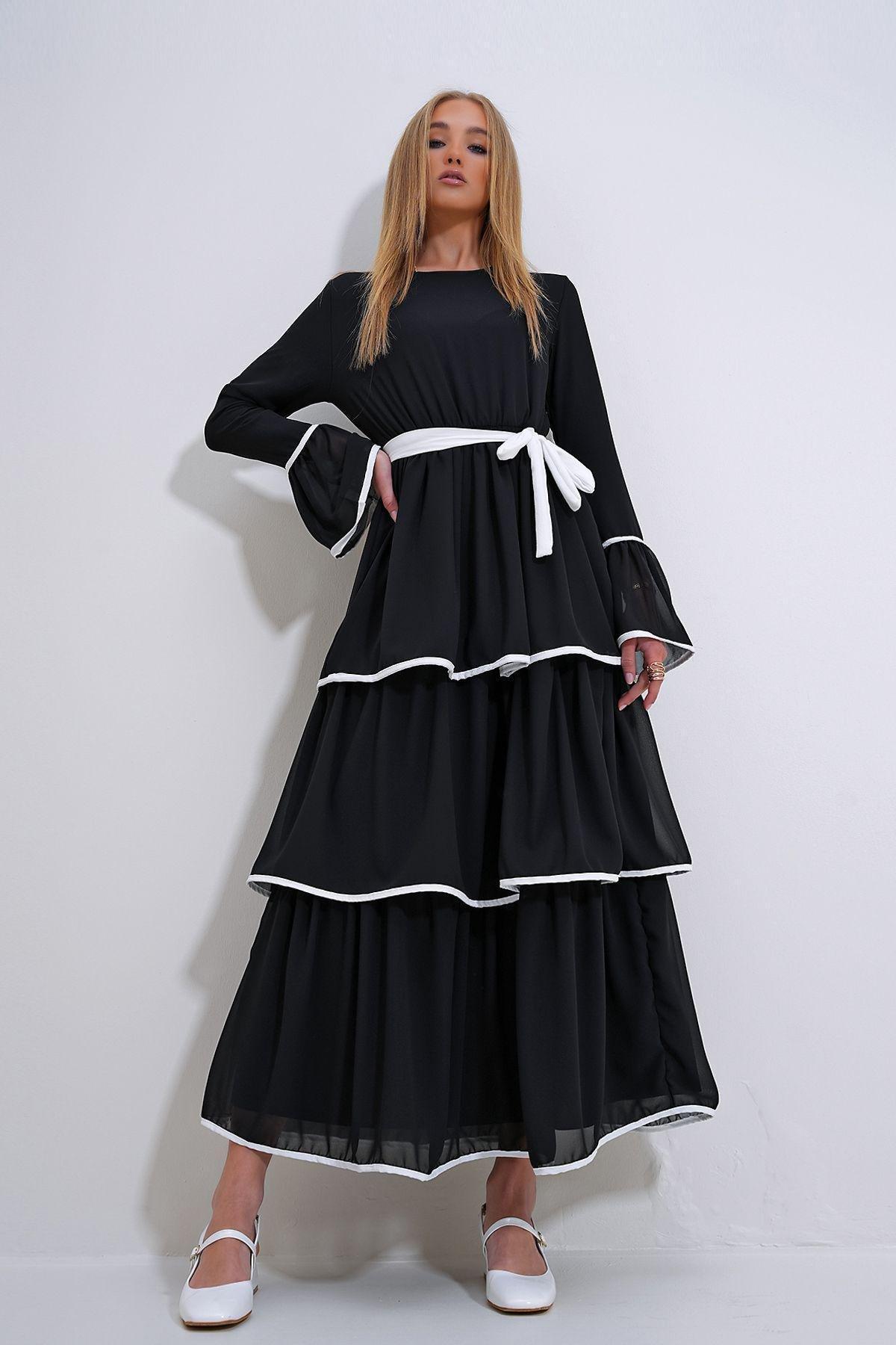 Black Frills Ruffle Maxi Dress, BLACK, medium