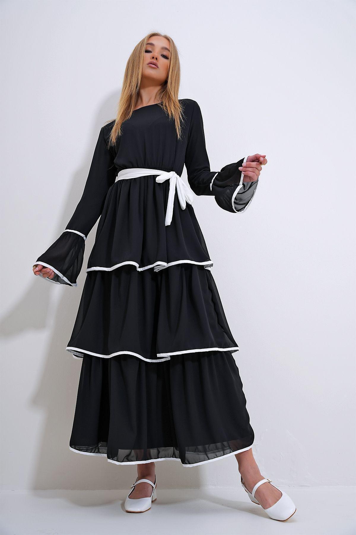 Black Frills Ruffle Maxi Dress, BLACK, medium