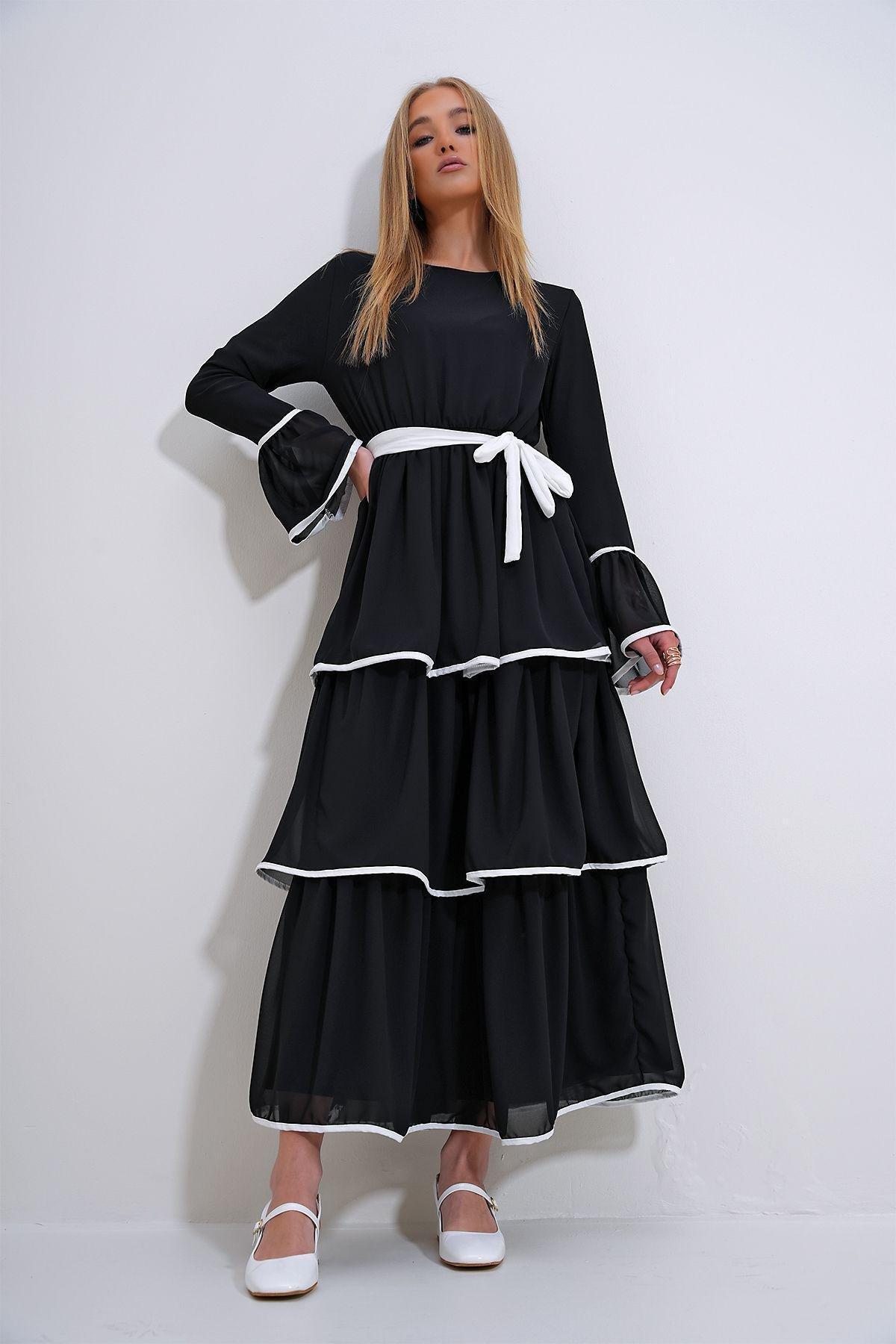 Black Frills Ruffle Maxi Dress, BLACK, medium