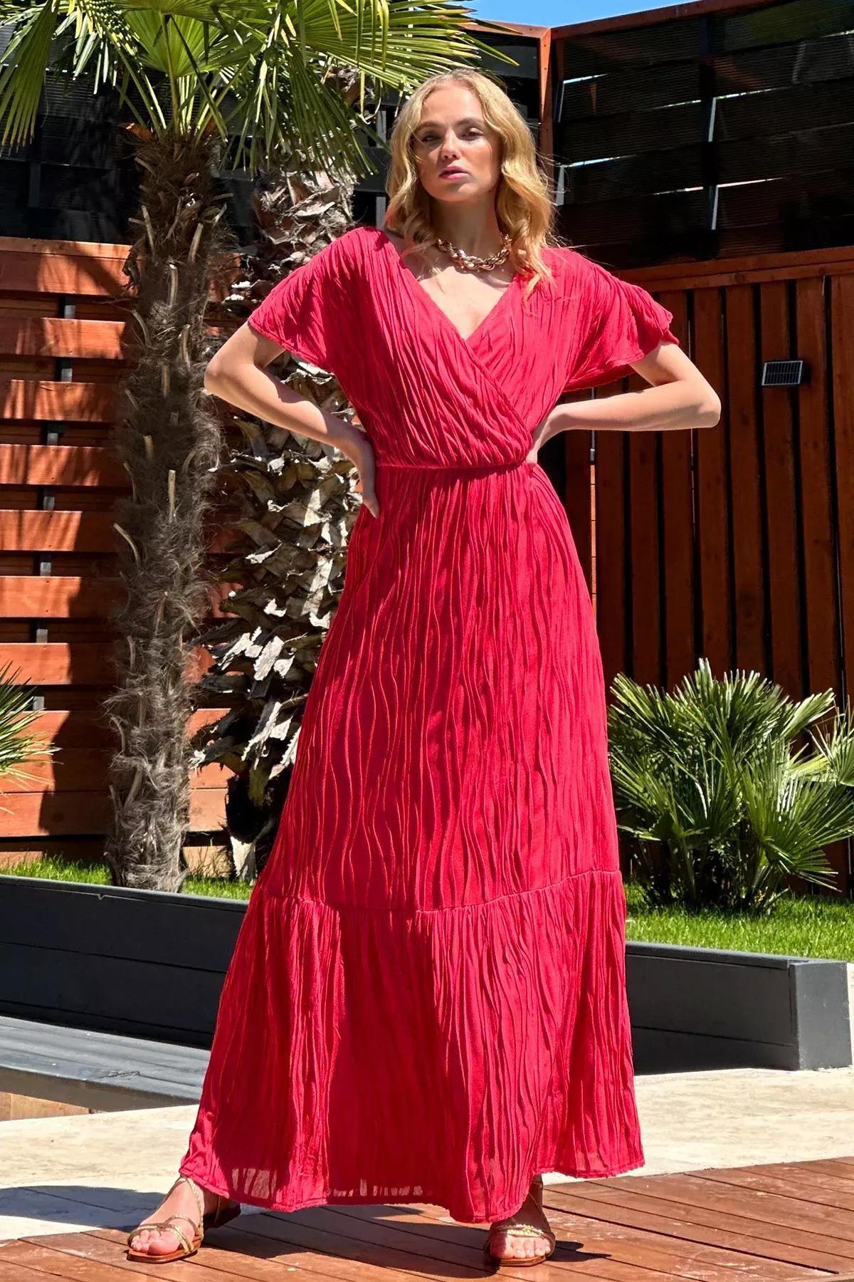 Coral Ruched Romantic Maxi Dress, Coral, large image number 1