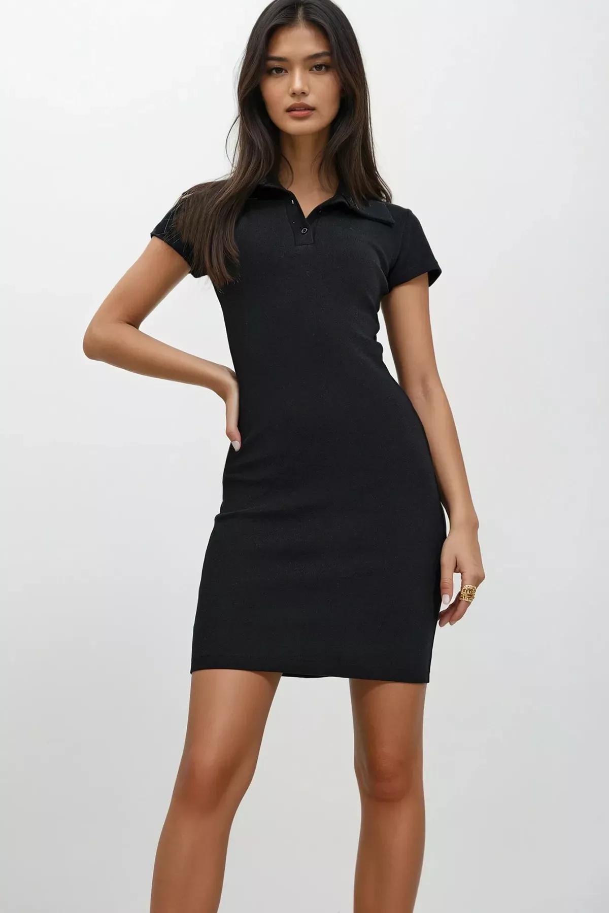 Black Ribbed Shirt Dress, , large image number 1