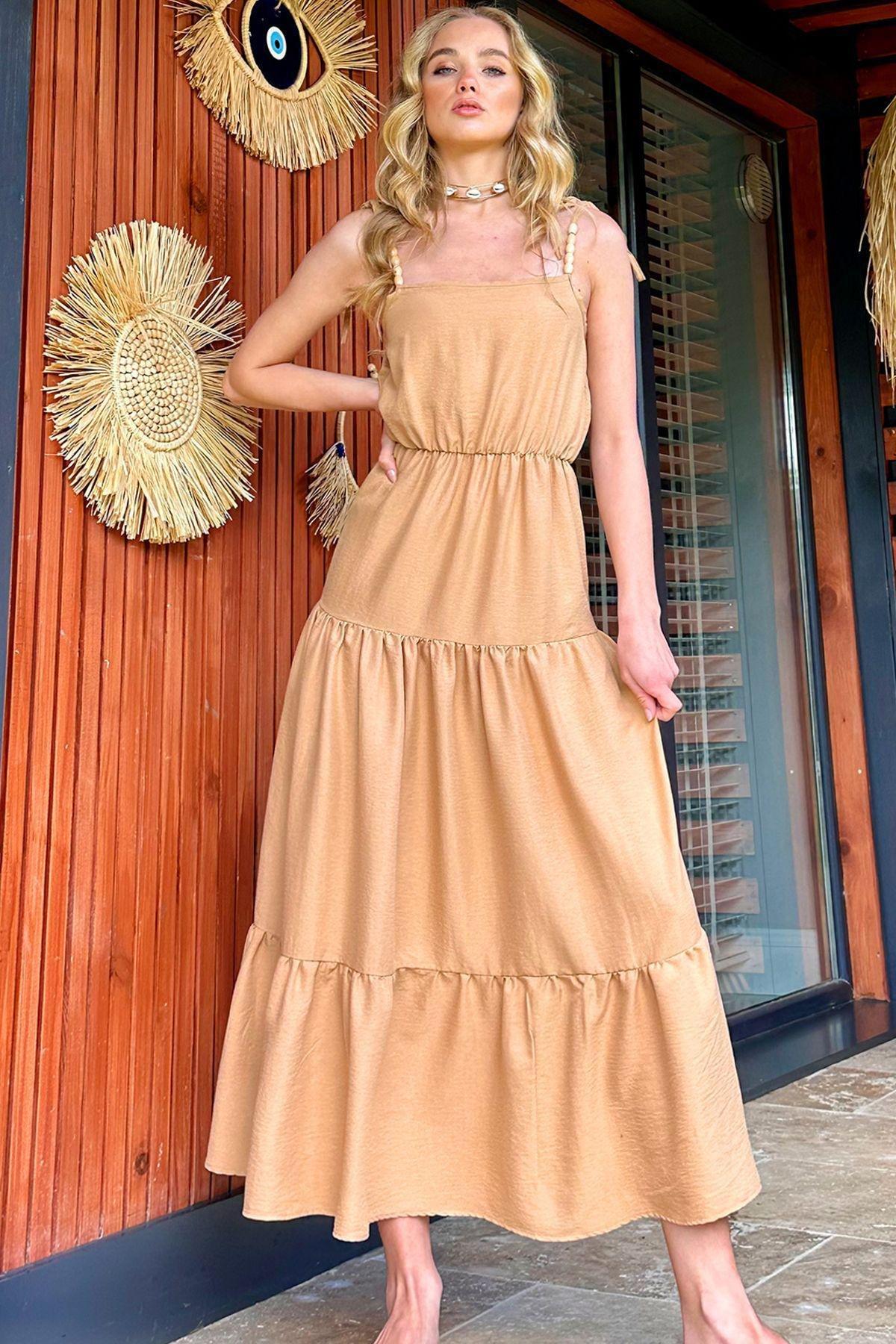 Dark Beige Frills Ruffle Midi Dress, , large image number 0