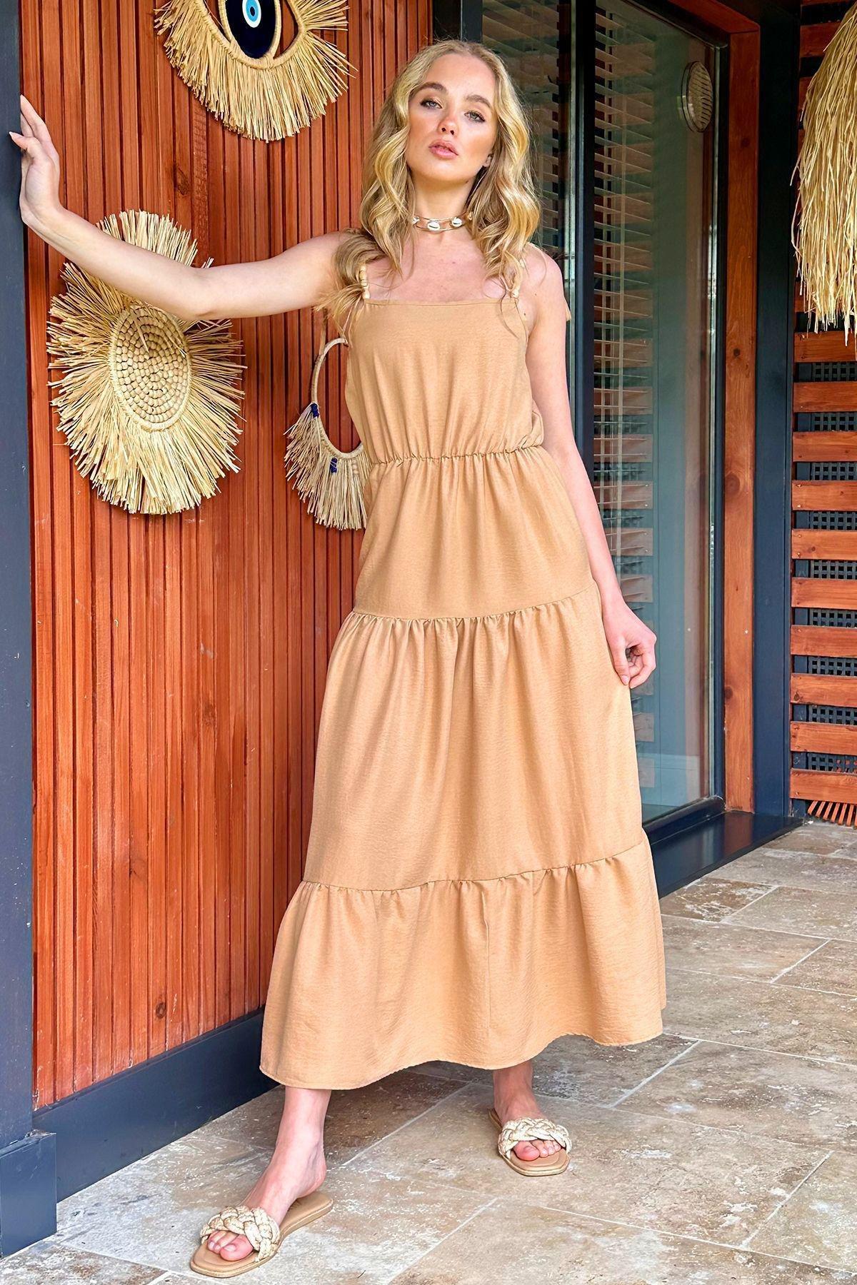 Dark Beige Frills Ruffle Midi Dress, , large image number 1