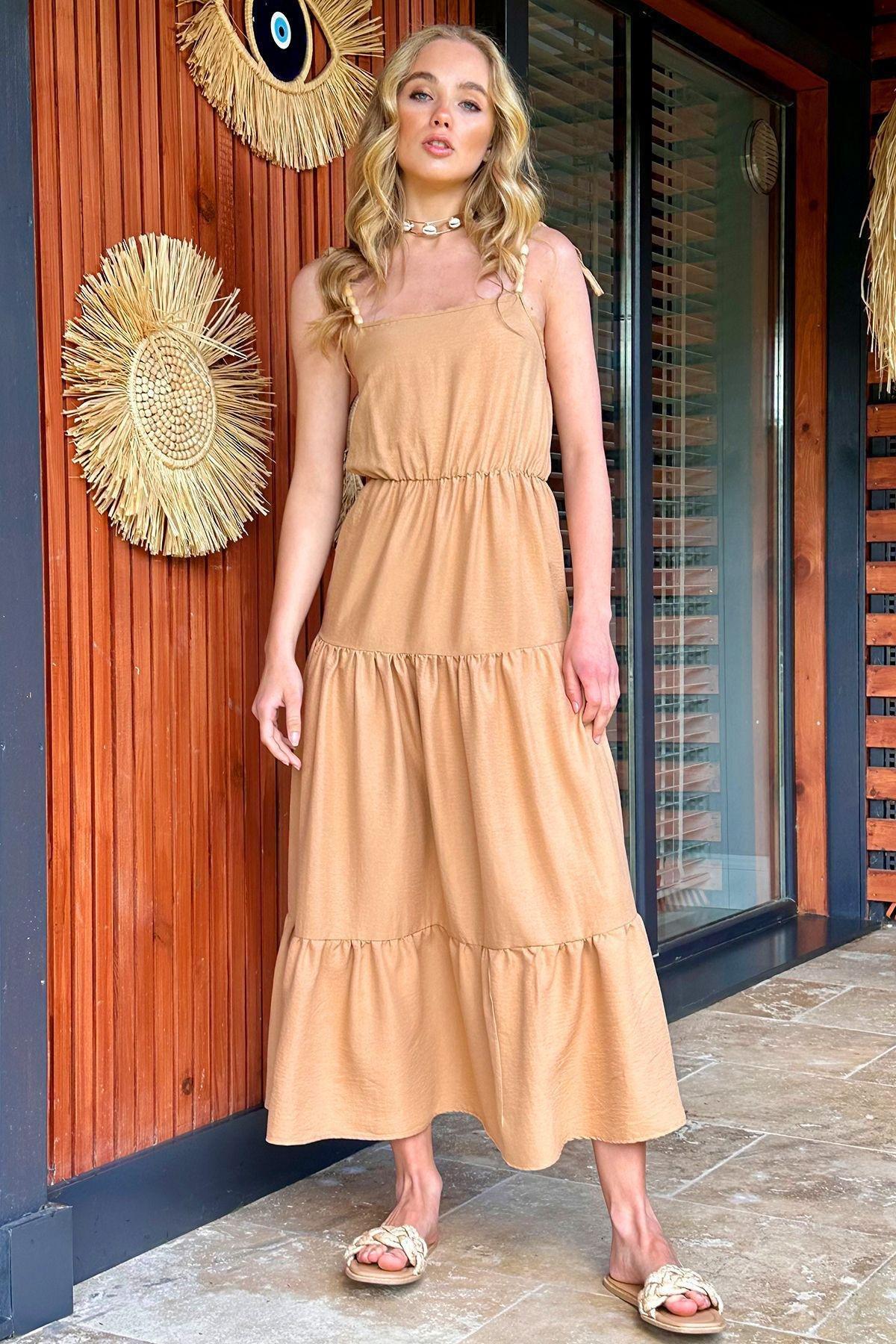 Dark Beige Frills Ruffle Midi Dress, , large image number 2