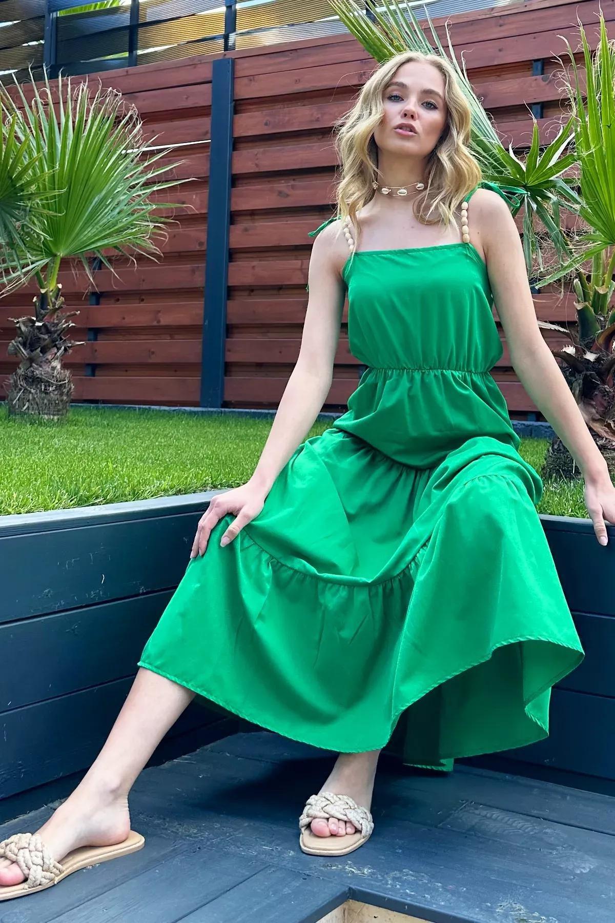 Womens Green Layered Flounce Strap Midilength Dress with Bead Accessories ALC-X12333, single, , large image number 1