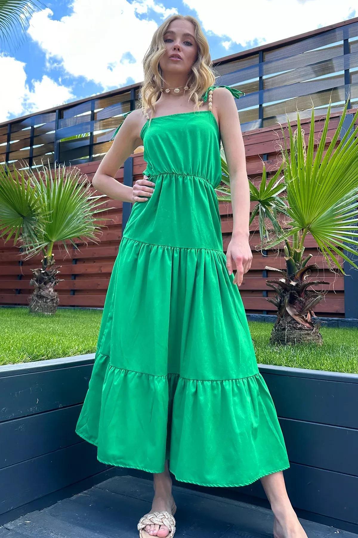 Womens Green Layered Flounce Strap Midilength Dress with Bead Accessories ALC-X12333, single, , large image number 2