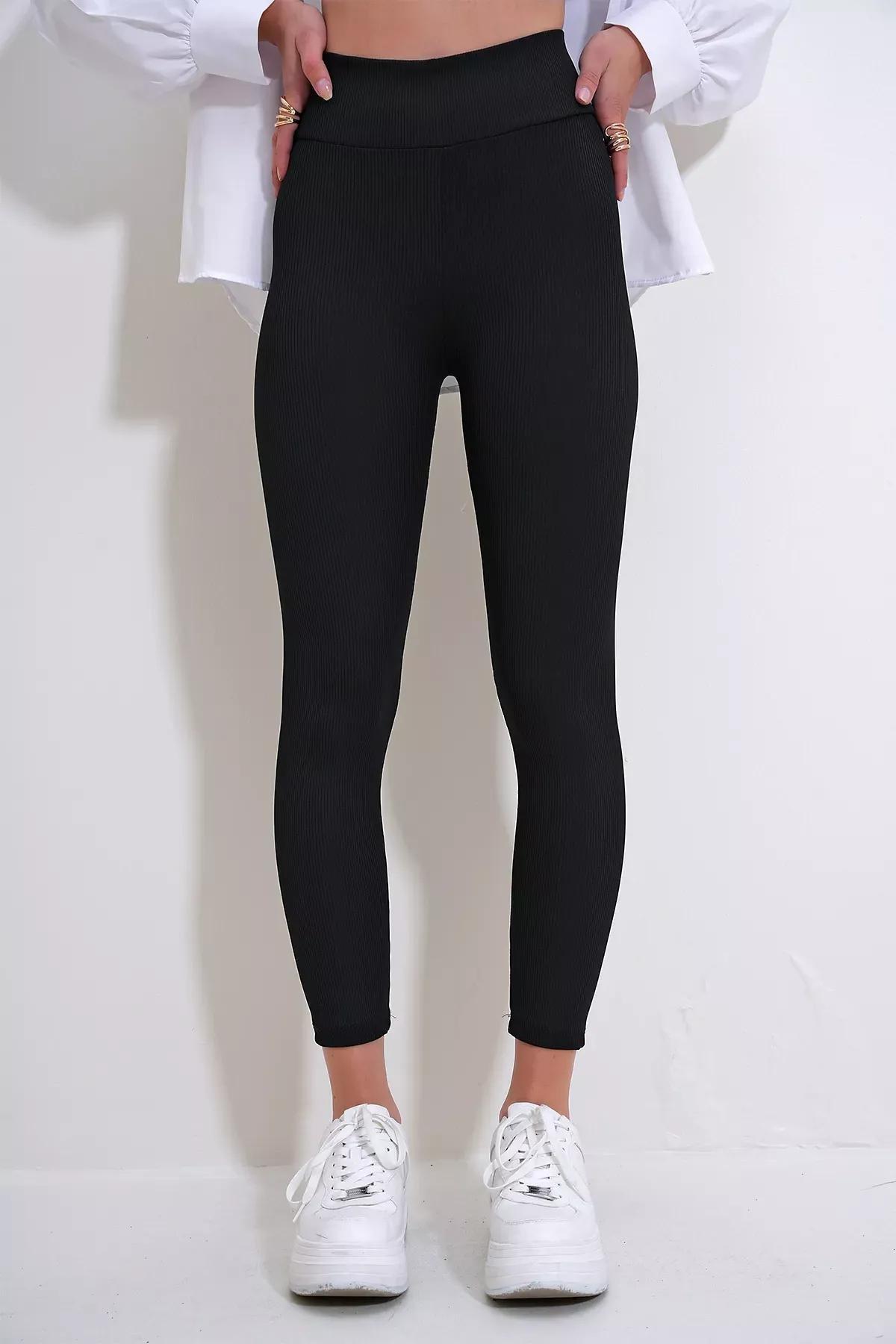 Black Ribbed Lycra Leggings, BLACK, large image number 3