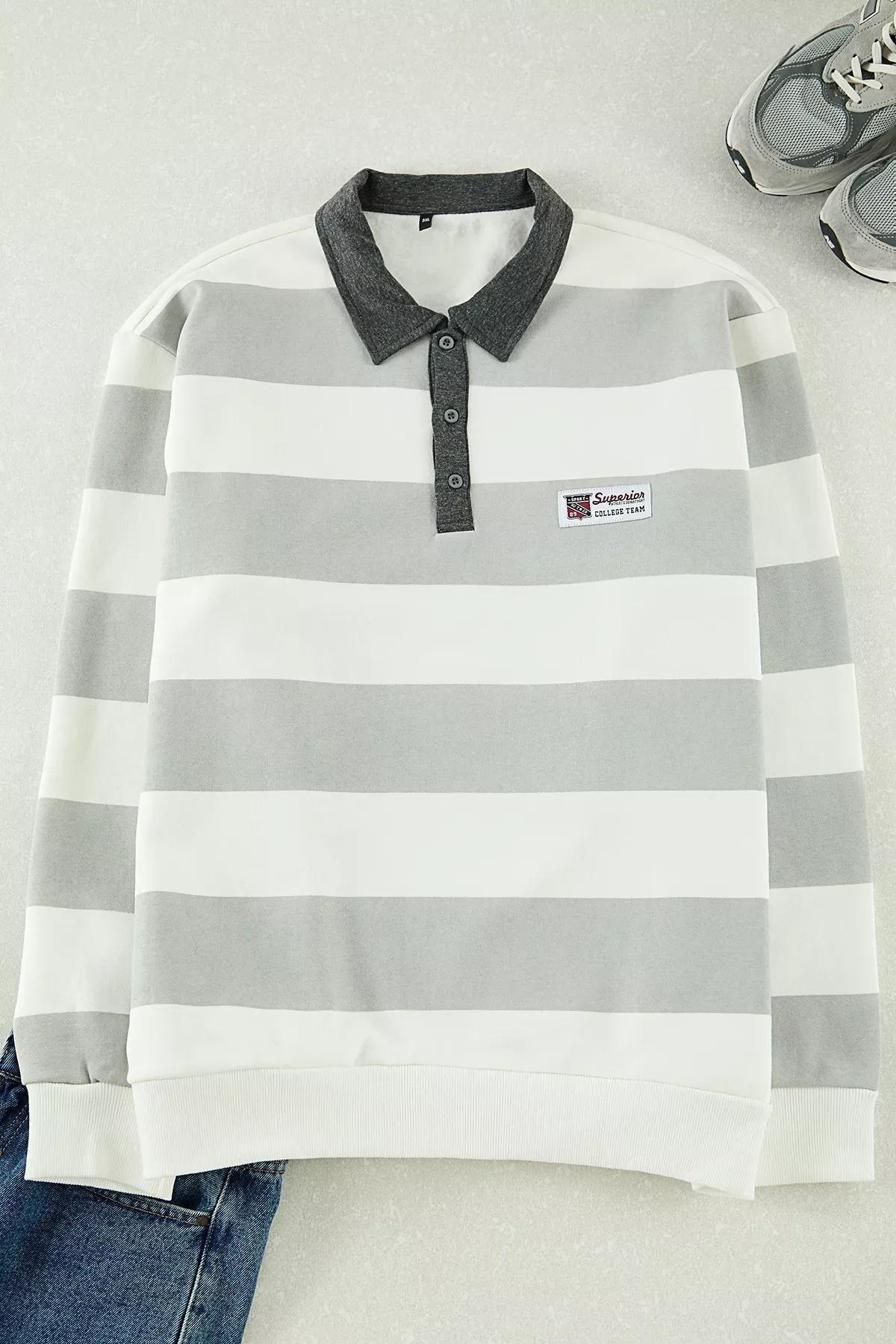Beige Cotton Striped Fleece Sweatshirt, Ecru, large image number 0