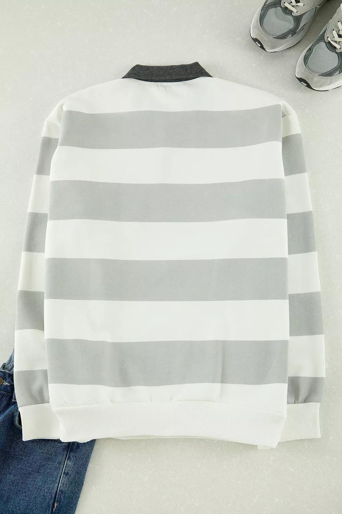 Beige Cotton Striped Fleece Sweatshirt, Ecru, large image number 2