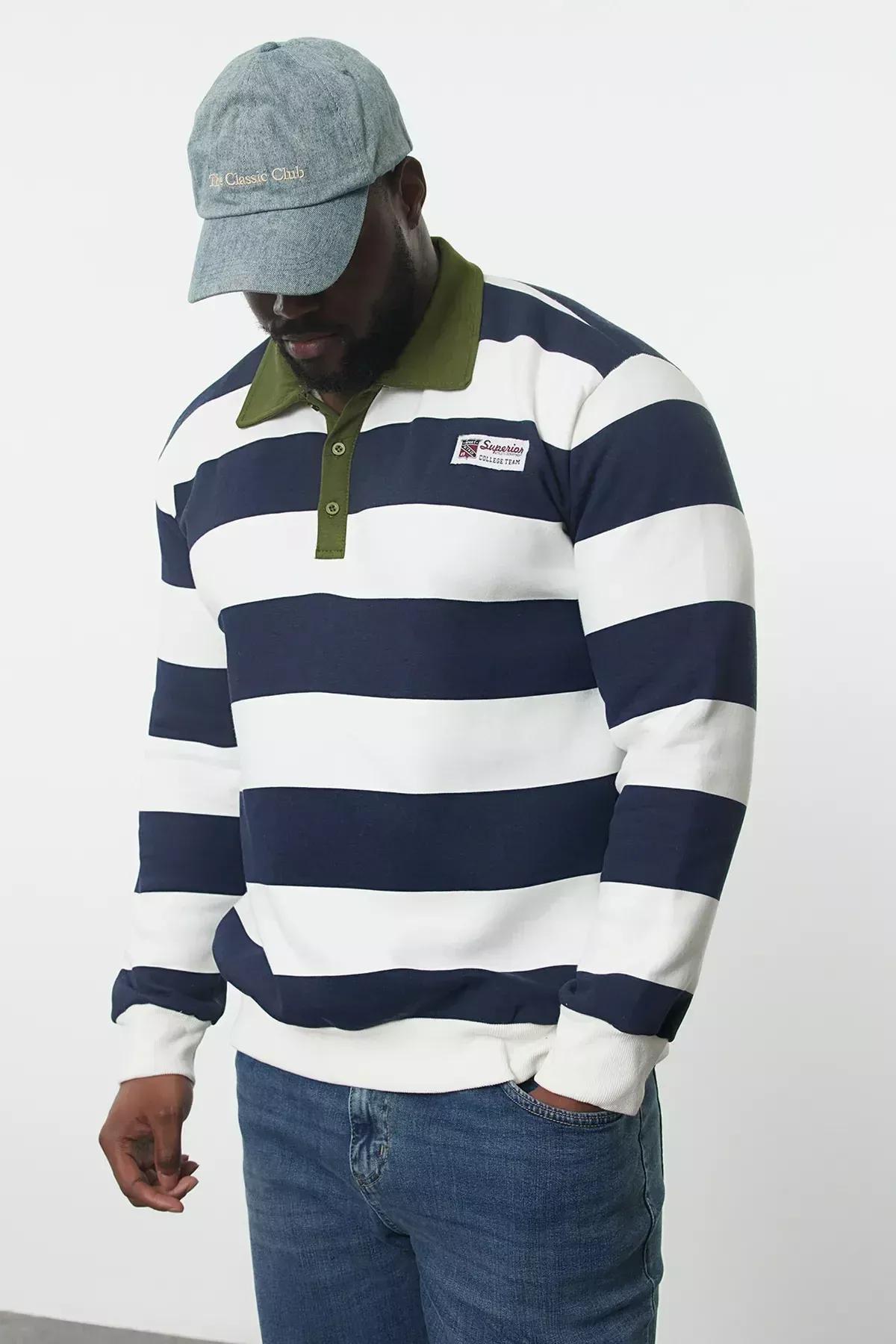 Navy Cotton Striped Sweatshirt, Navy blue, large image number 0