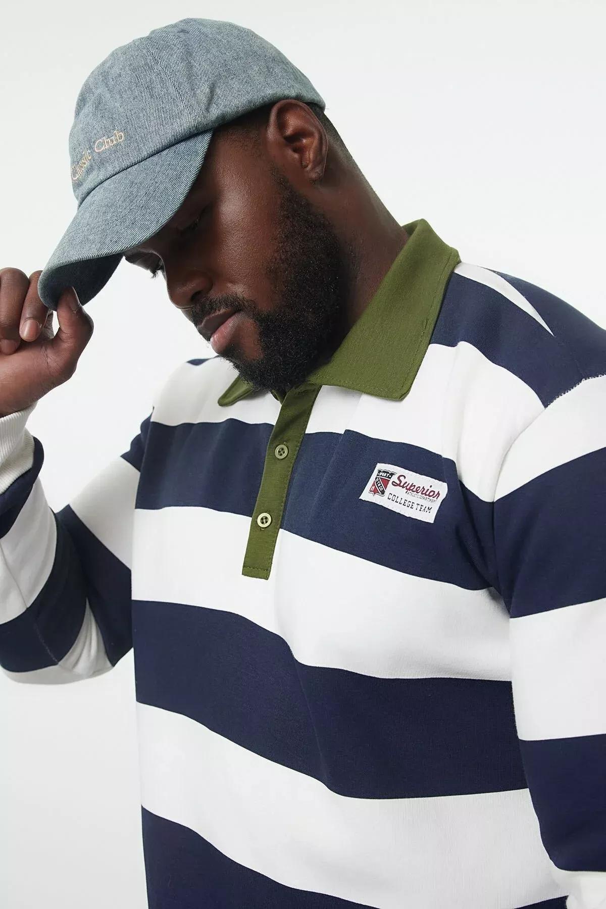 Navy Cotton Striped Sweatshirt, Navy blue, large image number 1