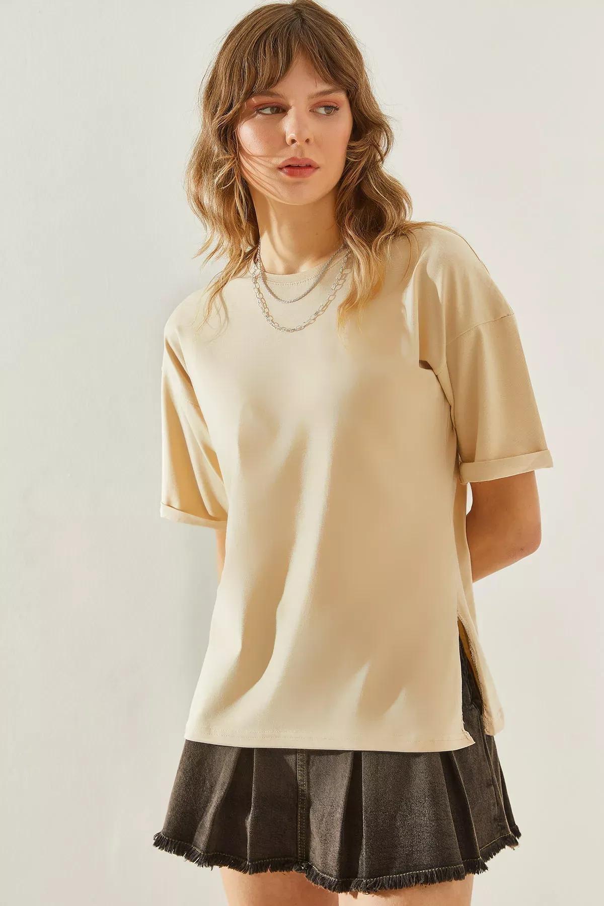 Womens Side Slit Sleeve Folding Detailed Crew Neck Short Sleeve Basic T-Shirt 60251203, , medium