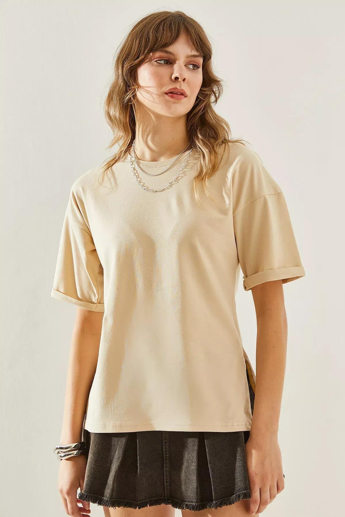 Womens Side Slit Sleeve Folding Detailed Crew Neck Short Sleeve Basic T-Shirt 60251203, , large image number 1