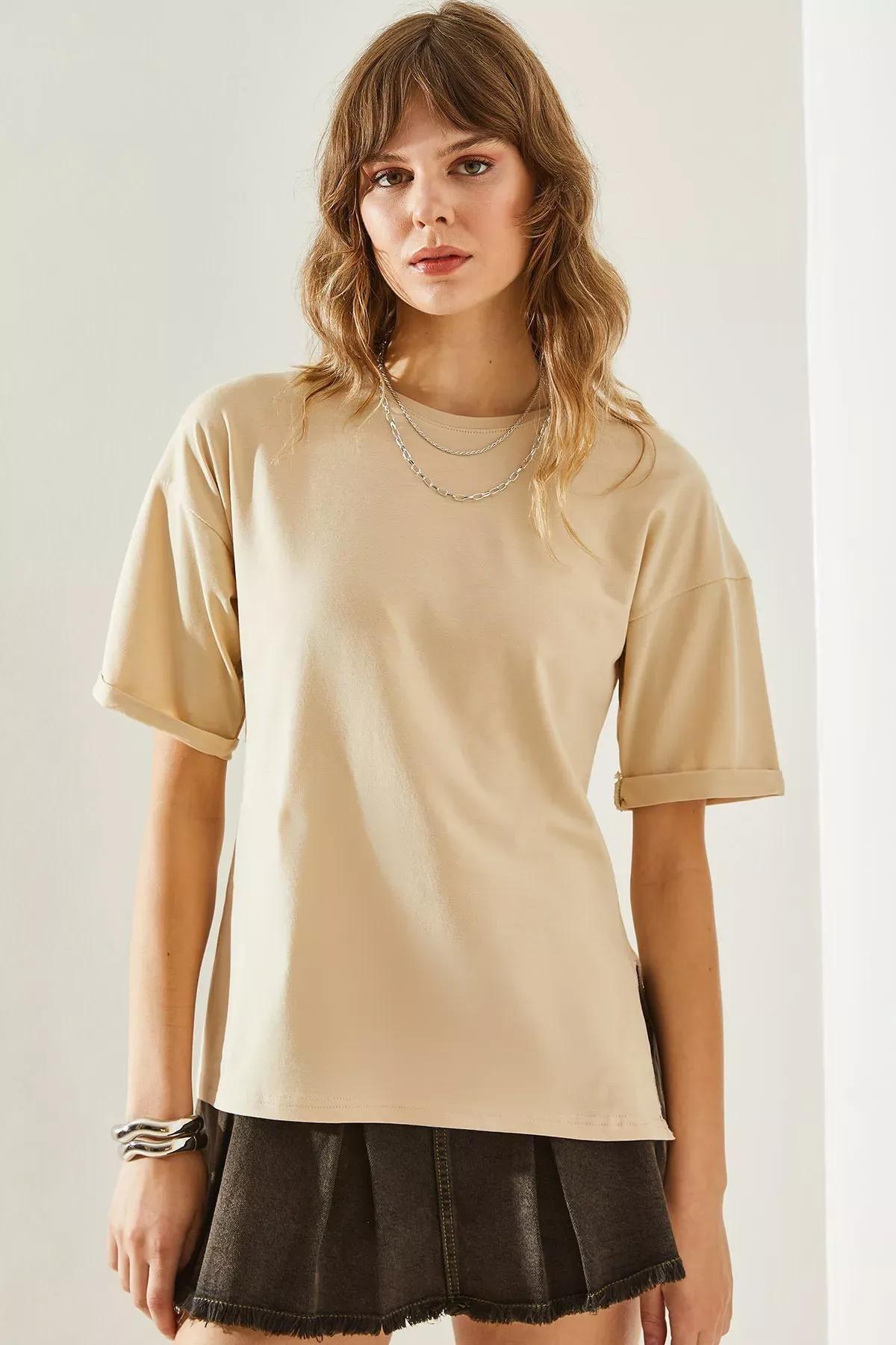 Womens Side Slit Sleeve Folding Detailed Crew Neck Short Sleeve Basic T-Shirt 60251203, , large image number 2