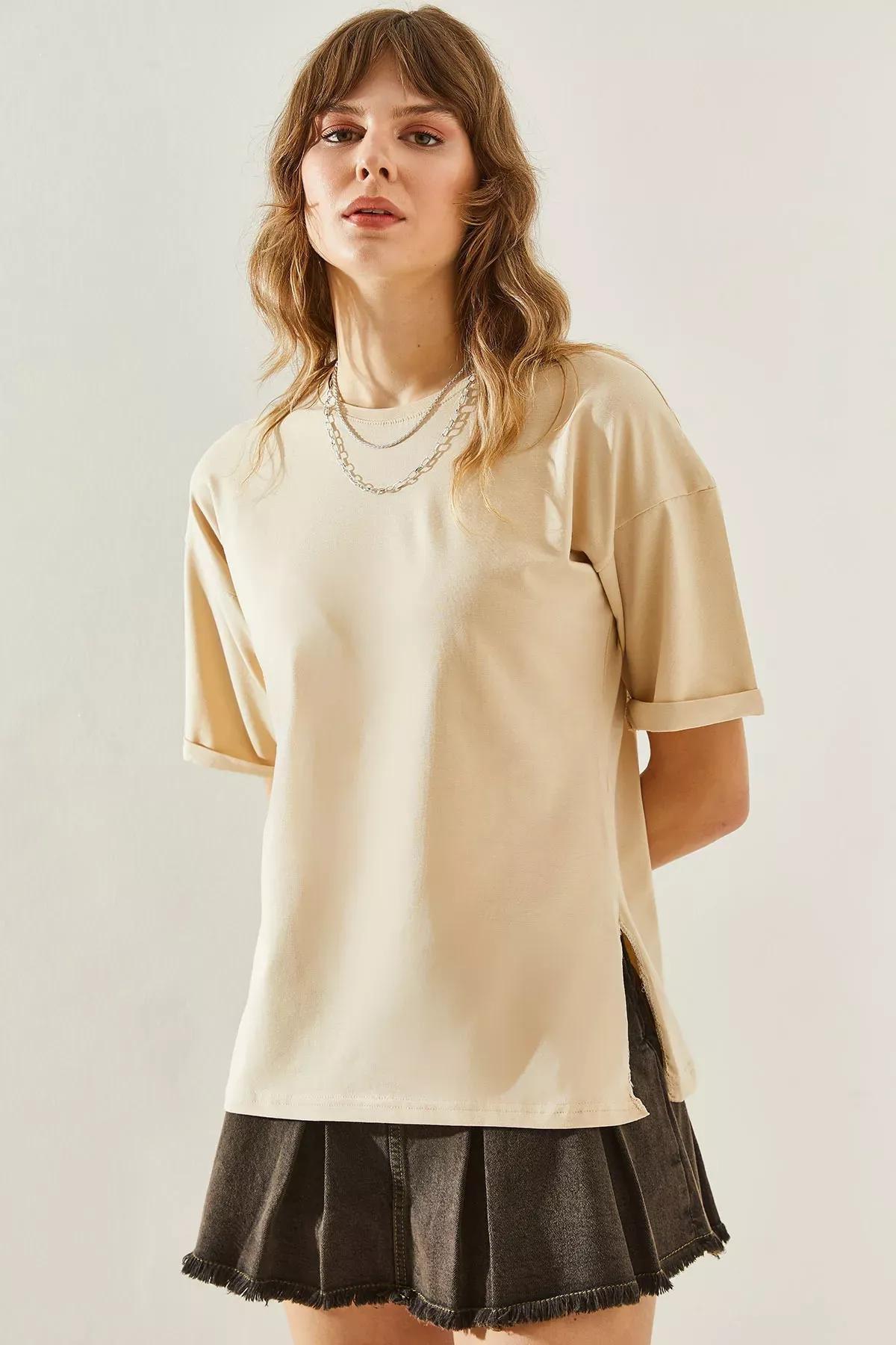 Womens Side Slit Sleeve Folding Detailed Crew Neck Short Sleeve Basic T-Shirt 60251203, , large image number 3