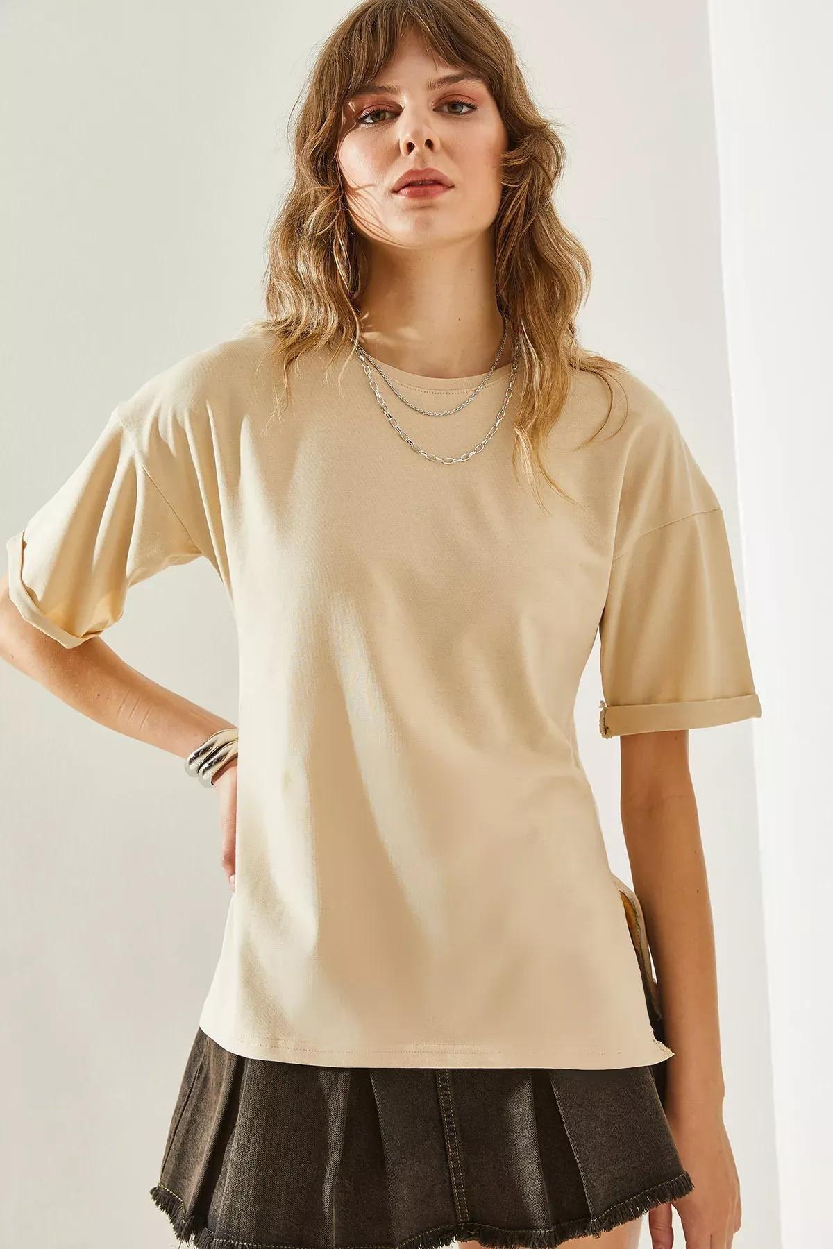 Womens Side Slit Sleeve Folding Detailed Crew Neck Short Sleeve Basic T-Shirt 60251203, , large image number 4