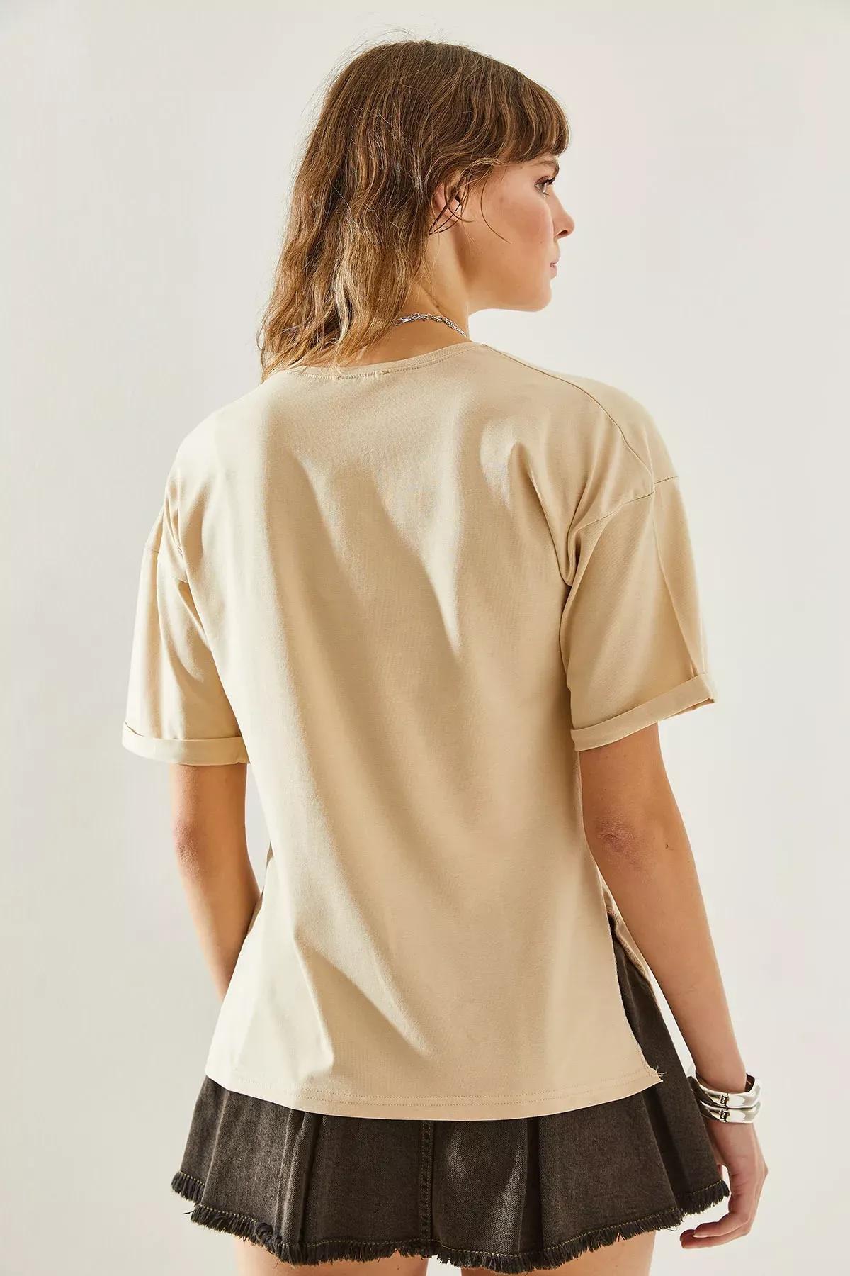 Womens Side Slit Sleeve Folding Detailed Crew Neck Short Sleeve Basic T-Shirt 60251203, , large image number 5
