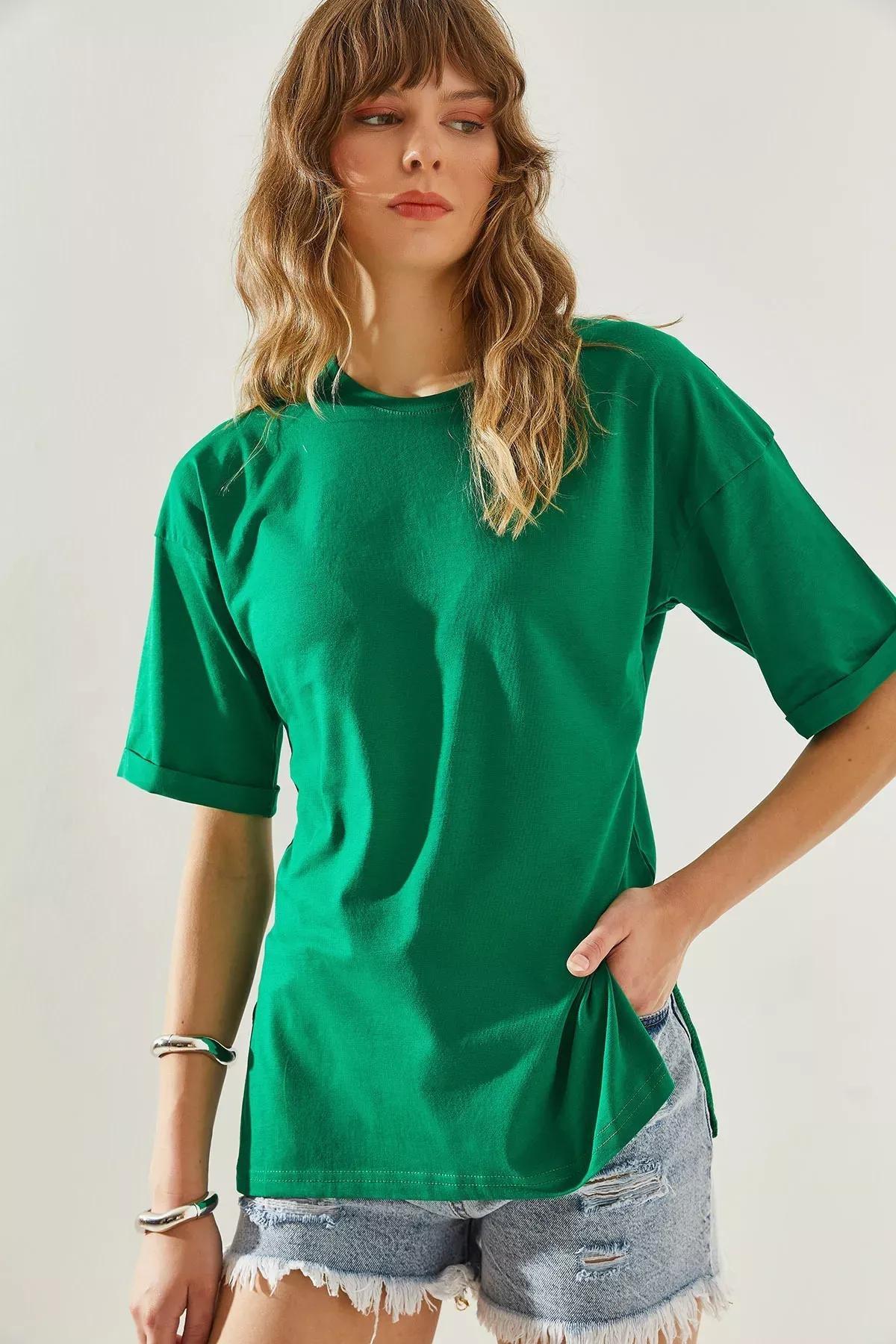 Womens Side Slit Sleeve Folding Detailed Crew Neck Short Sleeve Basic T-Shirt 60251203, , medium
