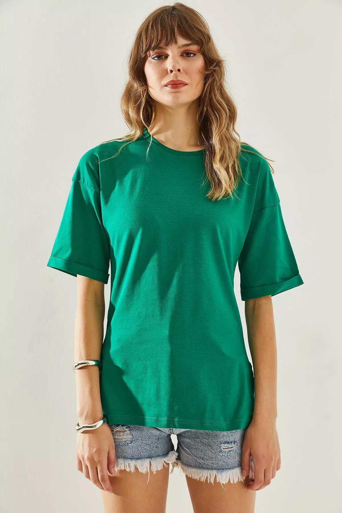 Womens Side Slit Sleeve Folding Detailed Crew Neck Short Sleeve Basic T-Shirt 60251203, , large image number 1