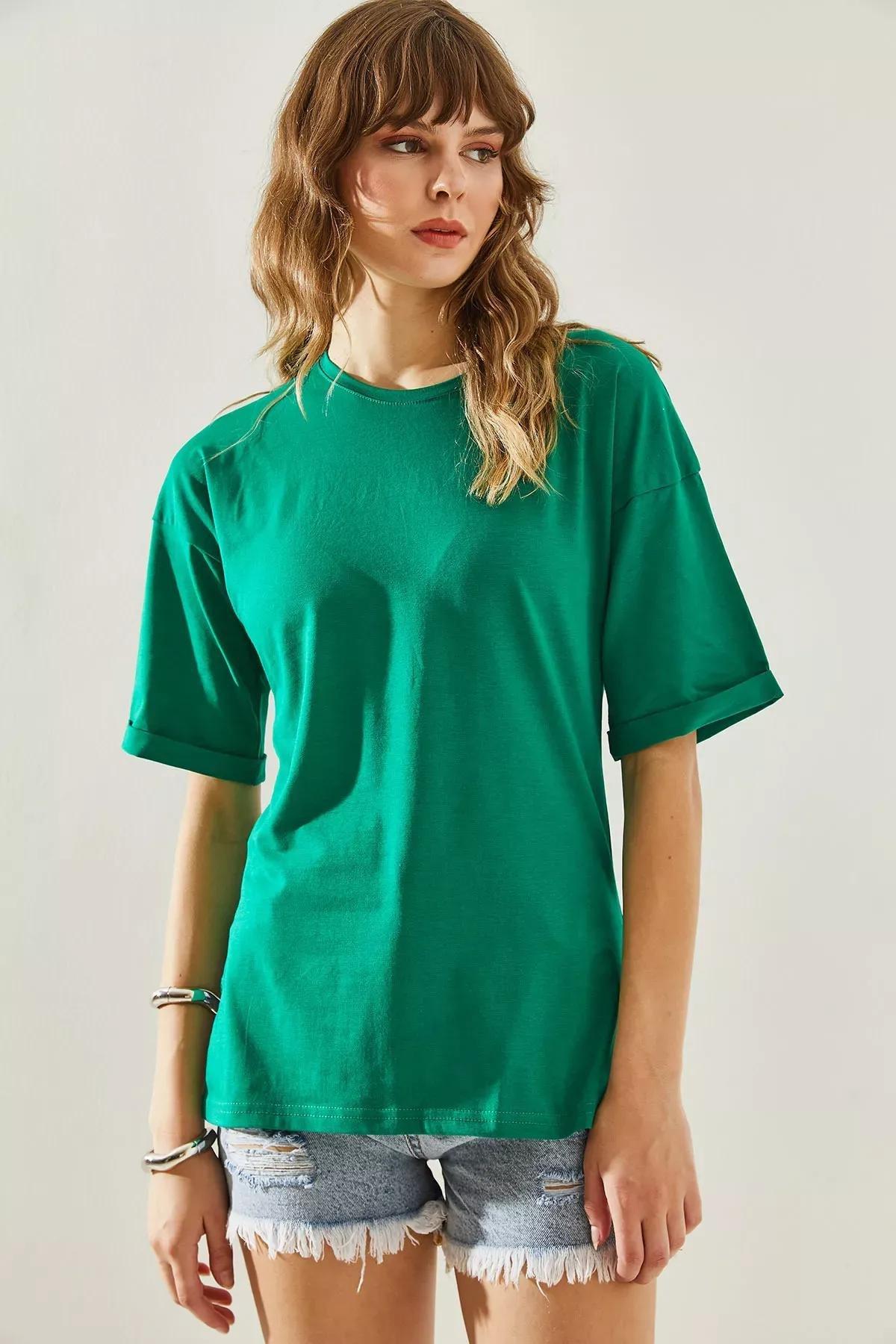 Womens Side Slit Sleeve Folding Detailed Crew Neck Short Sleeve Basic T-Shirt 60251203, , large image number 2