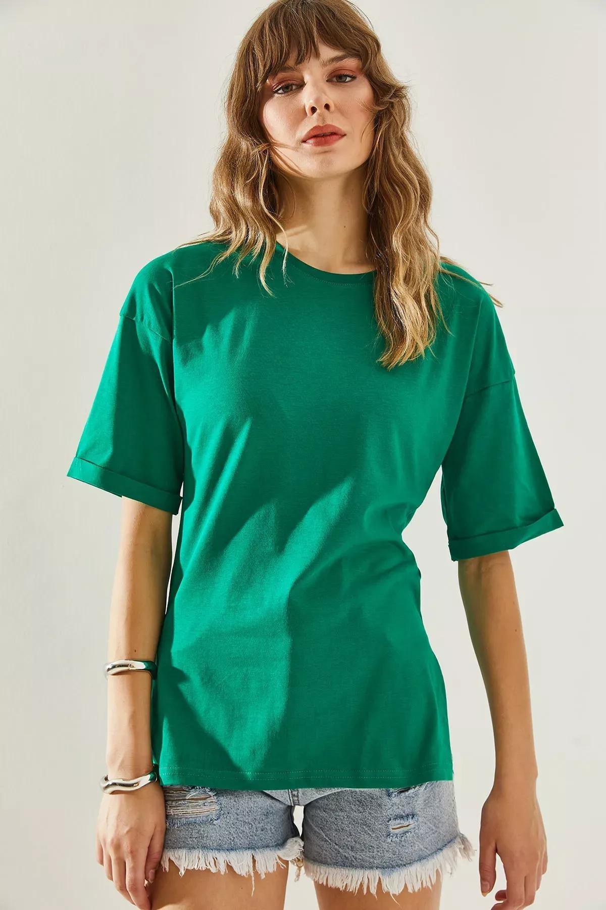 Womens Side Slit Sleeve Folding Detailed Crew Neck Short Sleeve Basic T-Shirt 60251203, , large image number 3