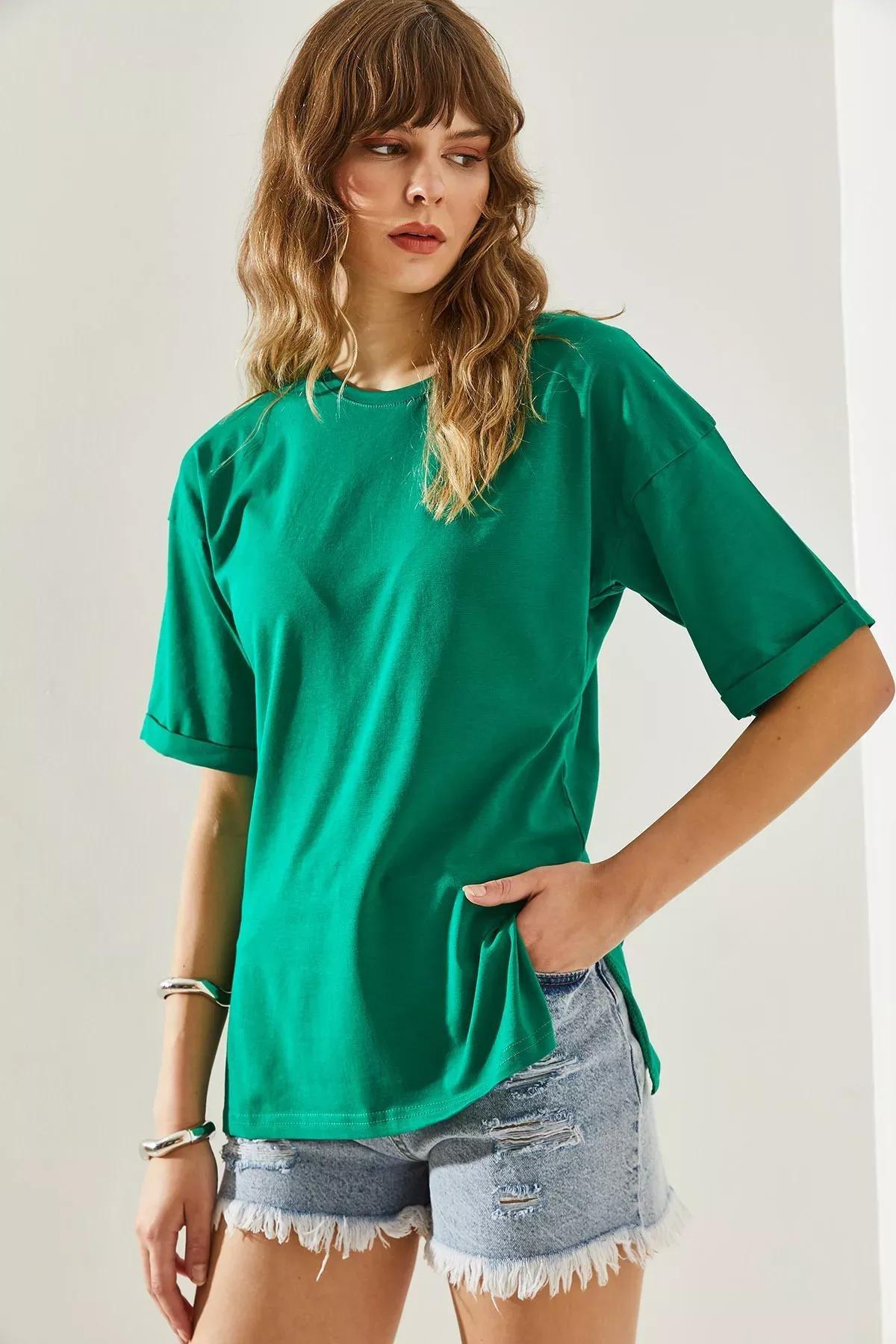 Womens Side Slit Sleeve Folding Detailed Crew Neck Short Sleeve Basic T-Shirt 60251203, , large image number 4
