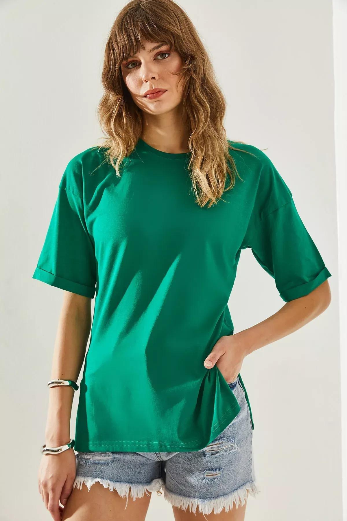 Womens Side Slit Sleeve Folding Detailed Crew Neck Short Sleeve Basic T-Shirt 60251203, , large image number 5