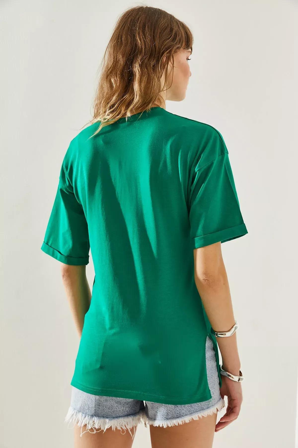 Womens Side Slit Sleeve Folding Detailed Crew Neck Short Sleeve Basic T-Shirt 60251203, , large image number 6