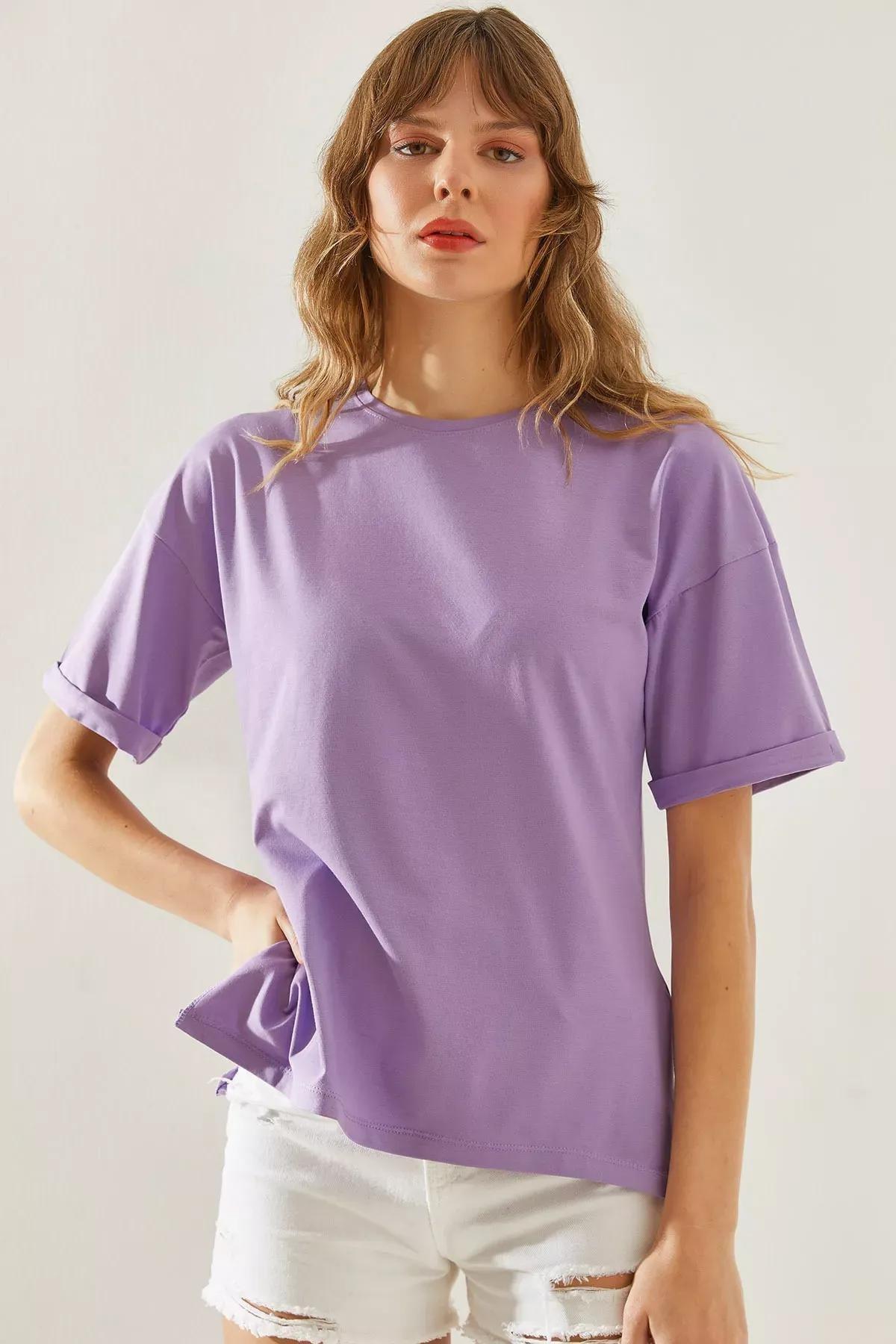 Womens Side Slit Sleeve Folding Detailed Crew Neck Short Sleeve Basic T-Shirt 60251203, , large image number 0