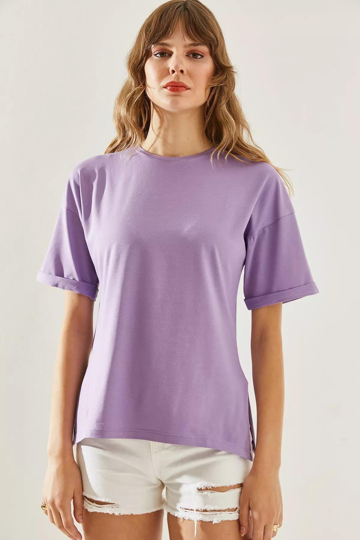 Womens Side Slit Sleeve Folding Detailed Crew Neck Short Sleeve Basic T-Shirt 60251203, , large image number 1
