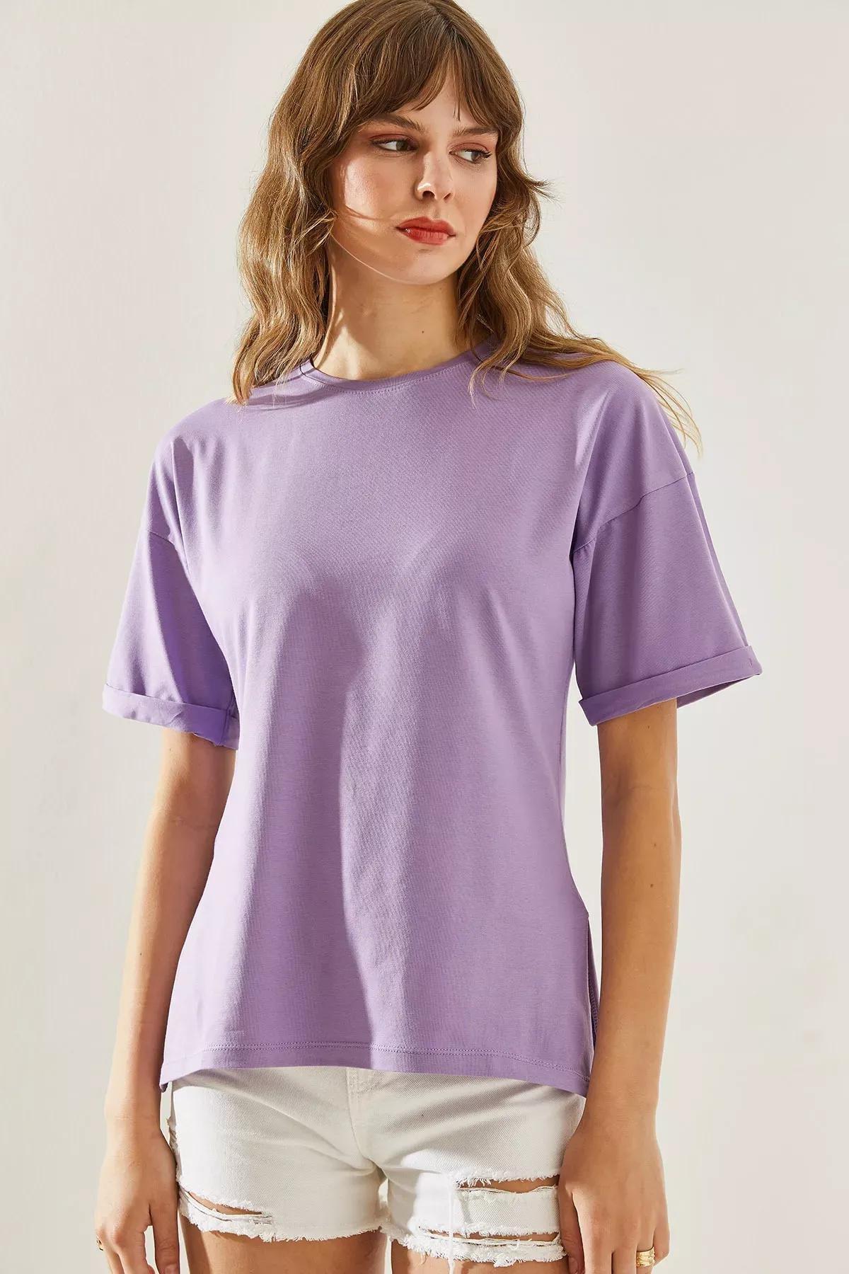 Womens Side Slit Sleeve Folding Detailed Crew Neck Short Sleeve Basic T-Shirt 60251203, , large image number 2
