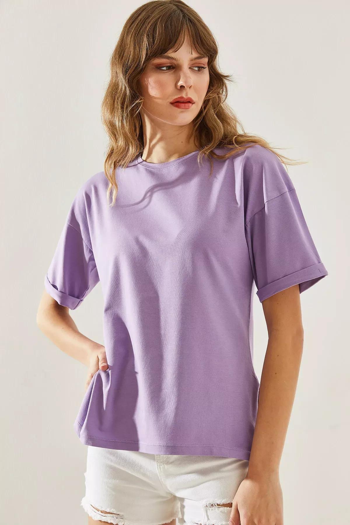 Womens Side Slit Sleeve Folding Detailed Crew Neck Short Sleeve Basic T-Shirt 60251203, , large image number 3