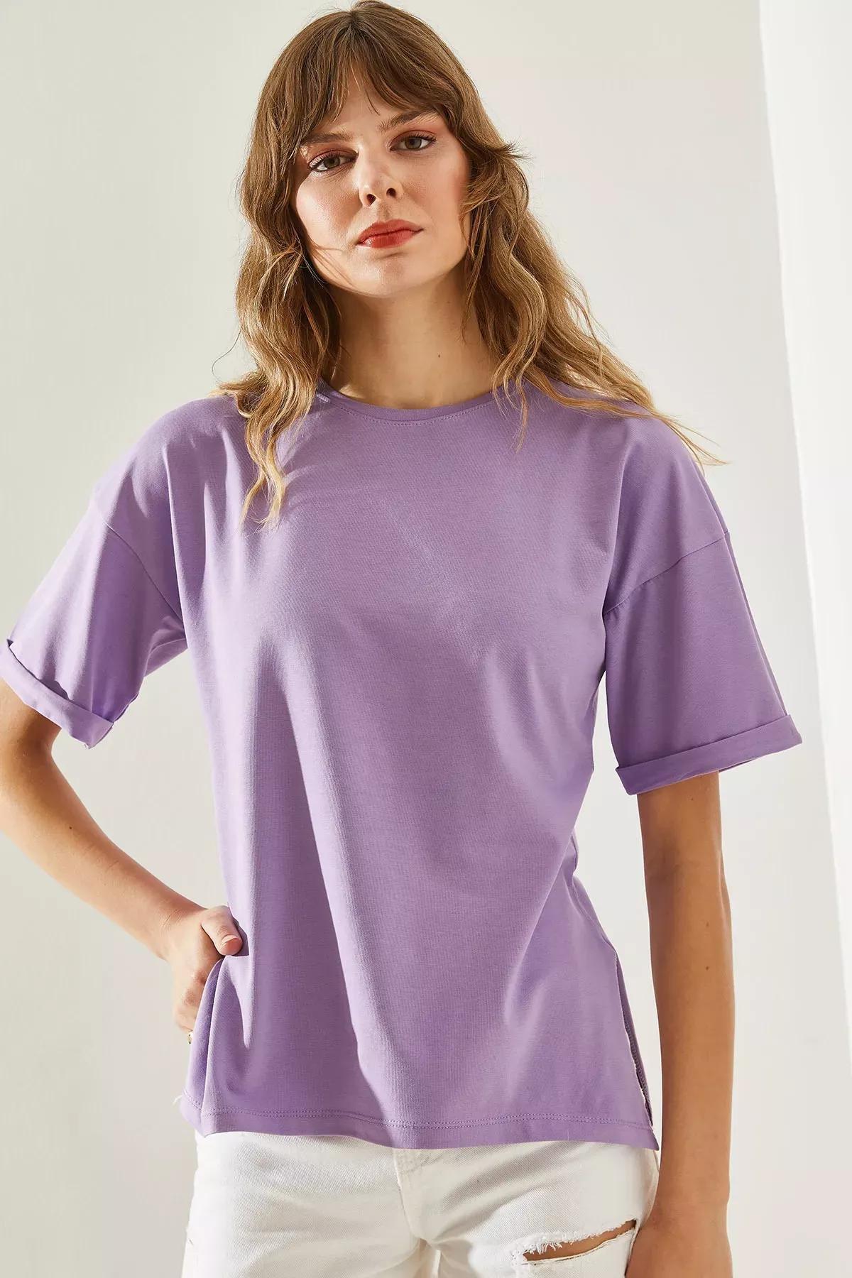 Womens Side Slit Sleeve Folding Detailed Crew Neck Short Sleeve Basic T-Shirt 60251203, , large image number 4