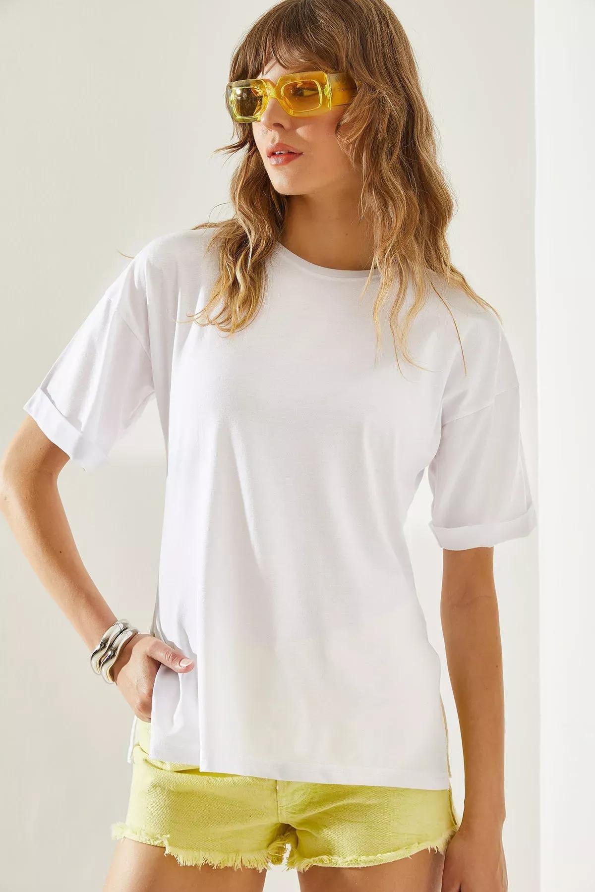 Womens Side Slit Sleeve Folding Detailed Crew Neck Short Sleeve Basic T-Shirt 60251203, , large image number 0