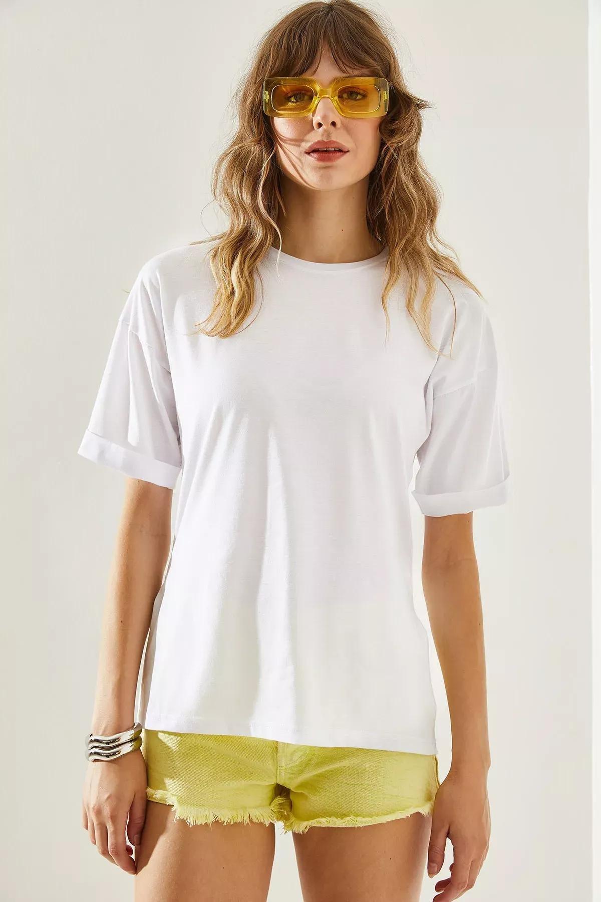 Womens Side Slit Sleeve Folding Detailed Crew Neck Short Sleeve Basic T-Shirt 60251203, , large image number 1