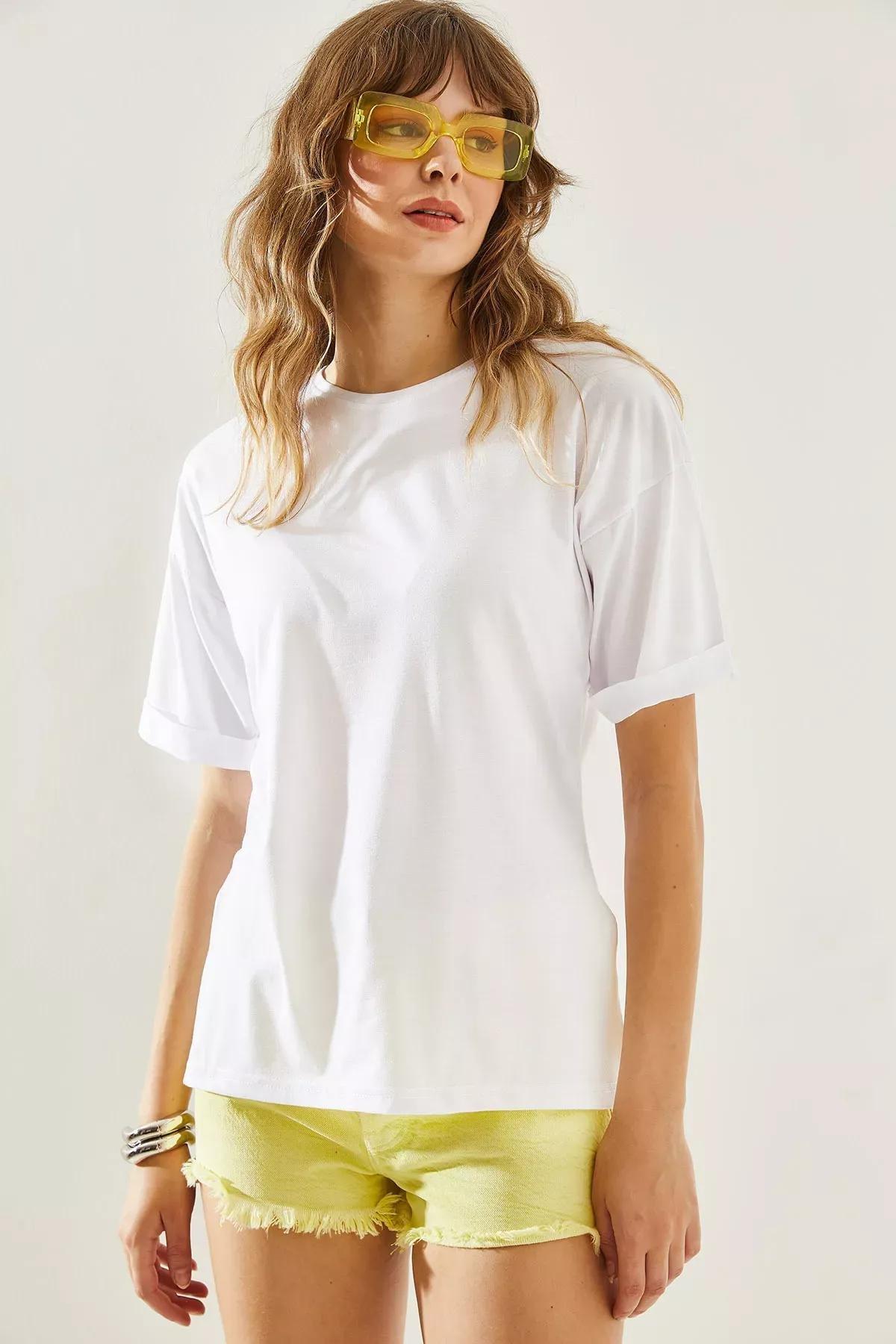 Womens Side Slit Sleeve Folding Detailed Crew Neck Short Sleeve Basic T-Shirt 60251203, , large image number 2