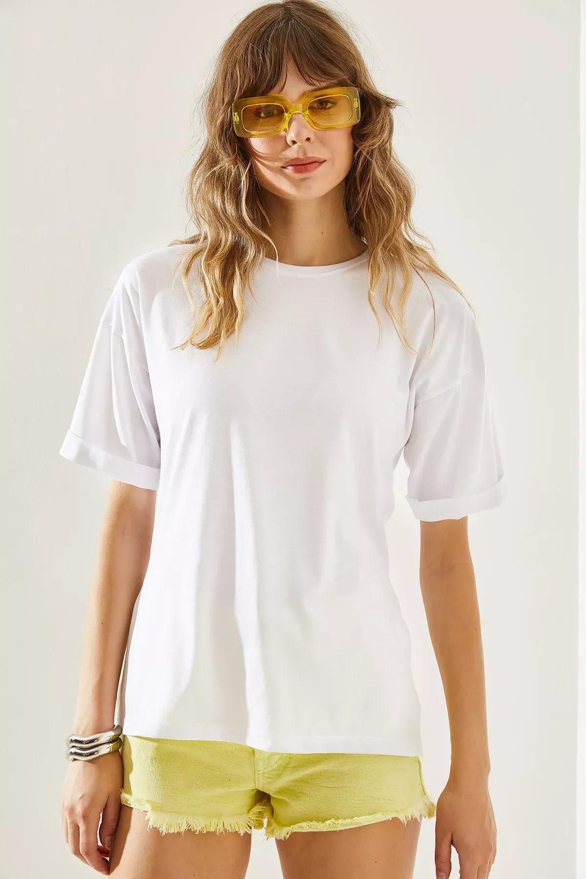 Womens Side Slit Sleeve Folding Detailed Crew Neck Short Sleeve Basic T-Shirt 60251203, , large image number 3