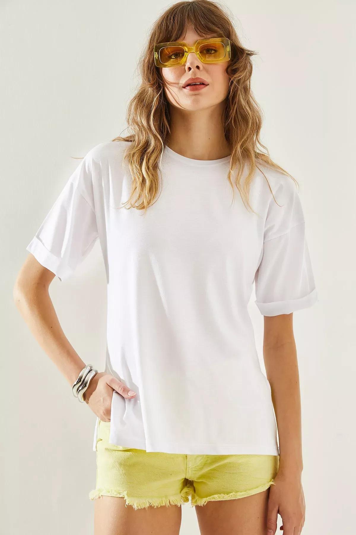 Womens Side Slit Sleeve Folding Detailed Crew Neck Short Sleeve Basic T-Shirt 60251203, , large image number 4