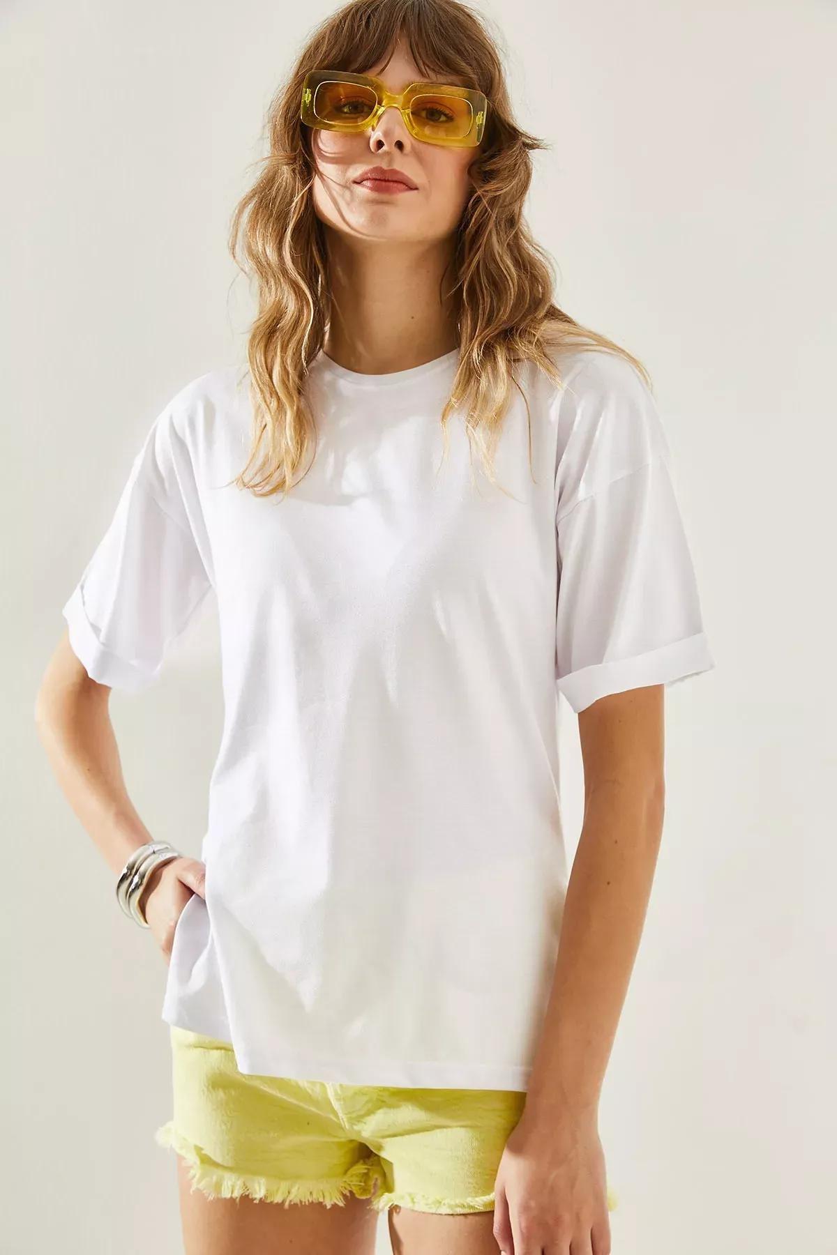 Womens Side Slit Sleeve Folding Detailed Crew Neck Short Sleeve Basic T-Shirt 60251203, , large image number 5