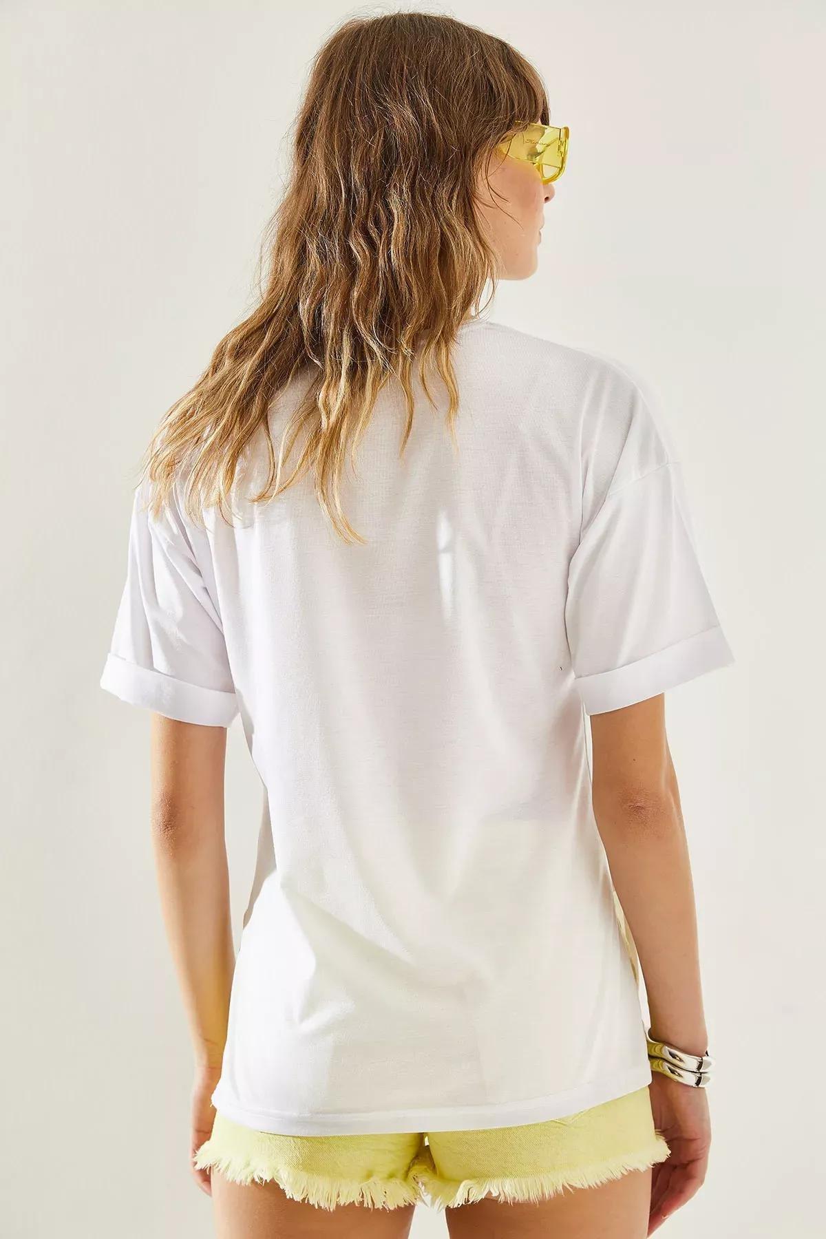 Womens Side Slit Sleeve Folding Detailed Crew Neck Short Sleeve Basic T-Shirt 60251203, , large image number 6