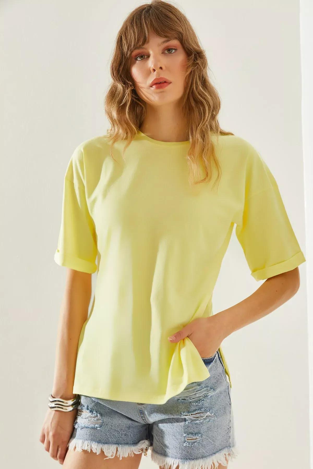 Yellow Side Slit T-Shirt, Yellow, medium