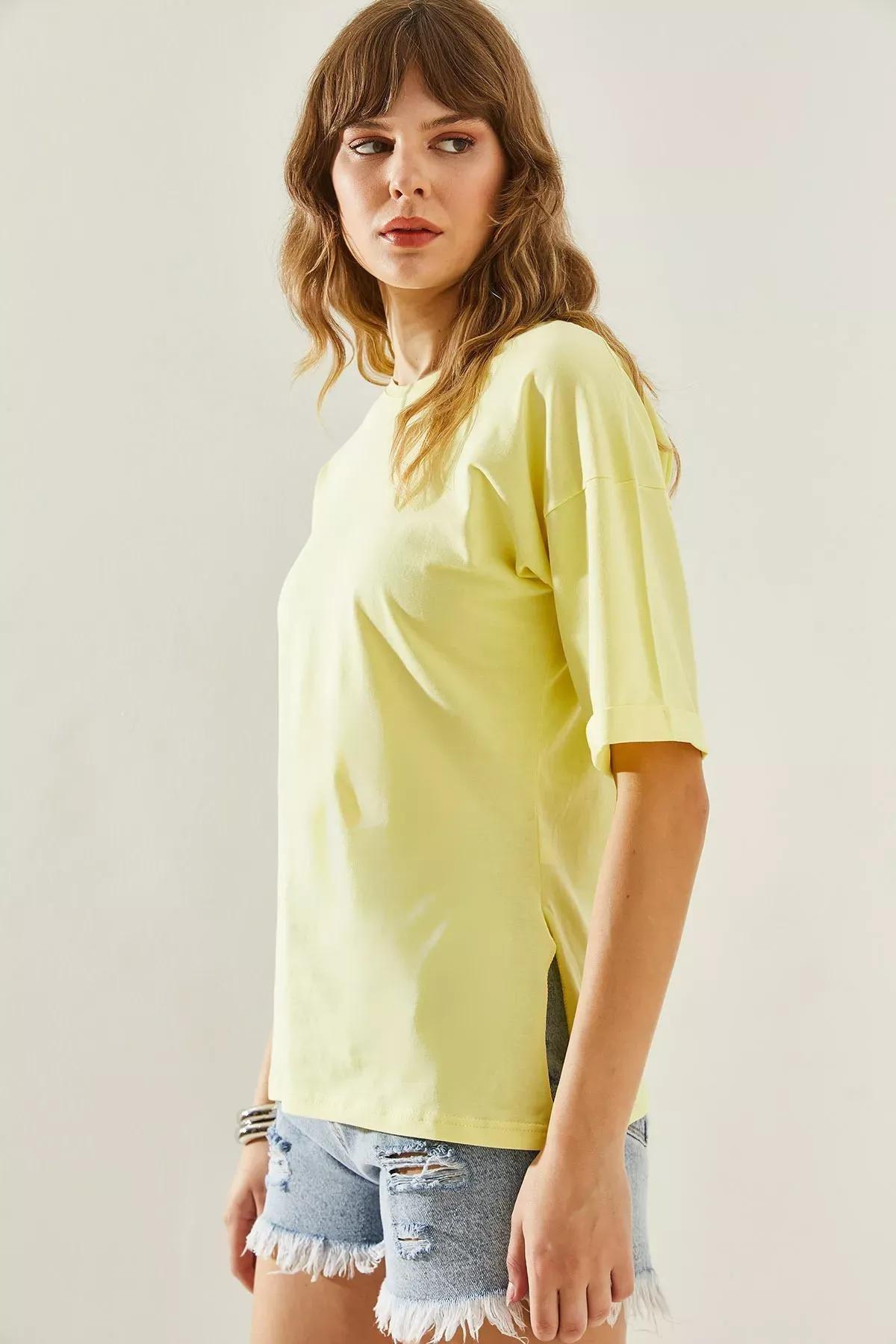 Yellow Side Slit T-Shirt, Yellow, large image number 3