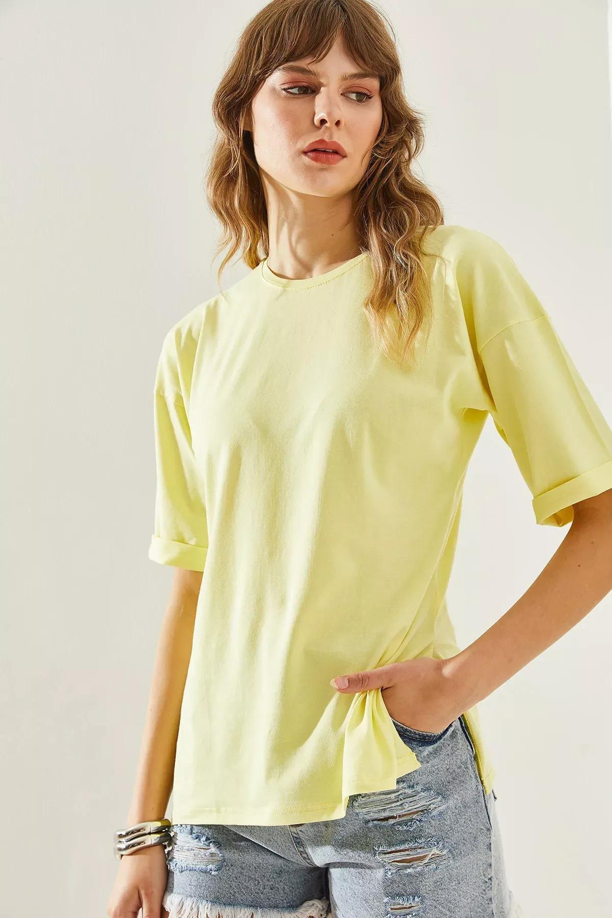 Yellow Side Slit T-Shirt, Yellow, large image number 5