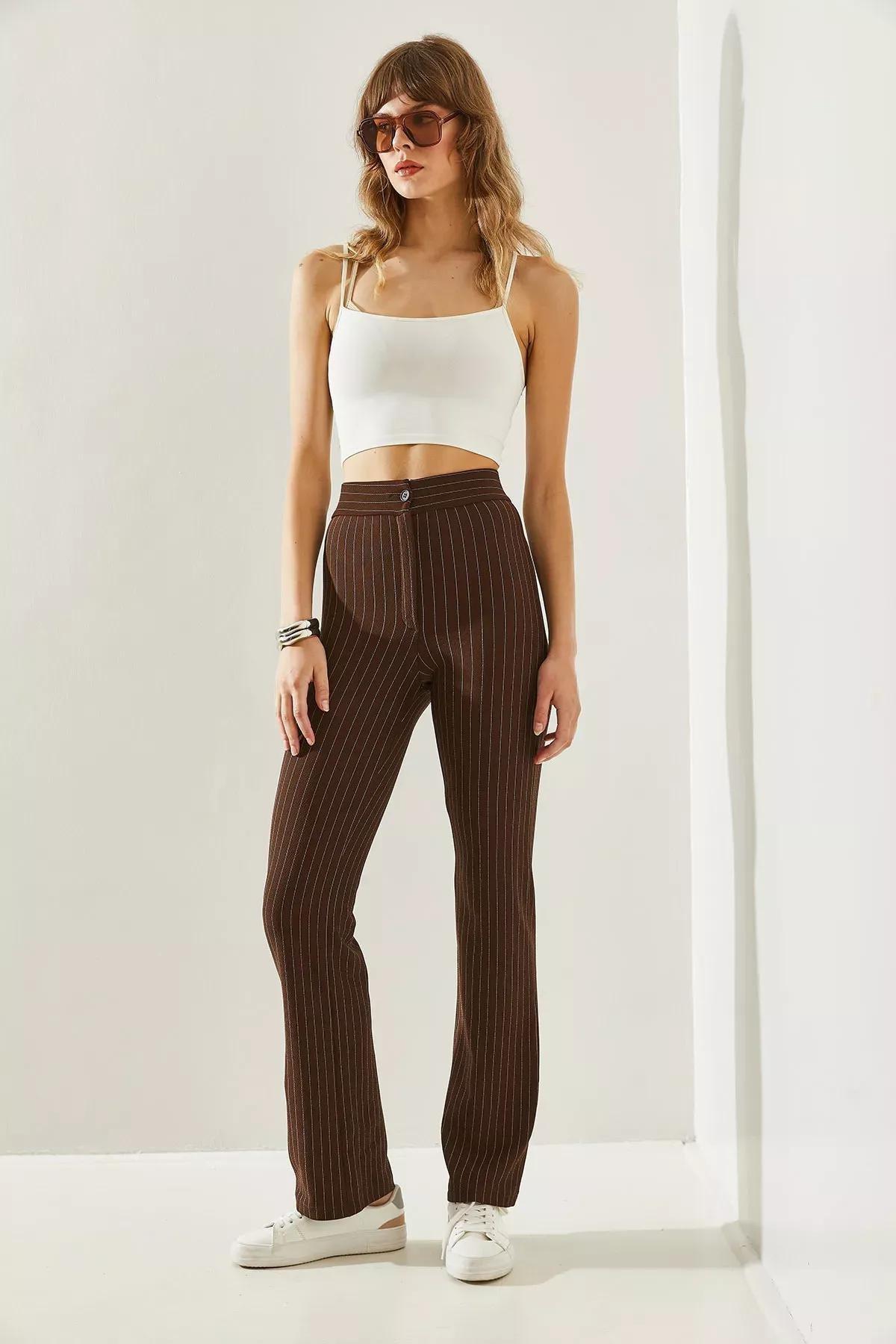 بنطال بالازو بنمط مخطط، بني, Brown, large image number 1